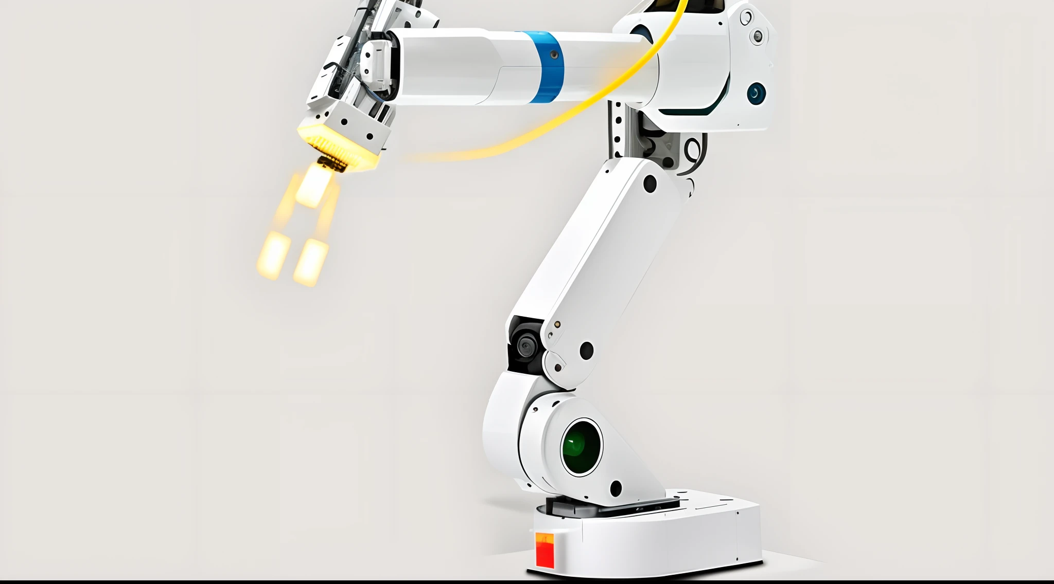 Un primer plano de un robot sobre una superficie blanca con un cable, robotic arm, Robot industrial, robotic arm, Realistic robotic machinery, robot arms, with a robotic arm, Extended robotic arms, Robot under construction, Robots industriales, with robotic arms, Robotic outstretched arms, robot arms, Robotic Platform, un brazo del cuerpo del robot, robotic, robotic left arm, Mechanical-arm