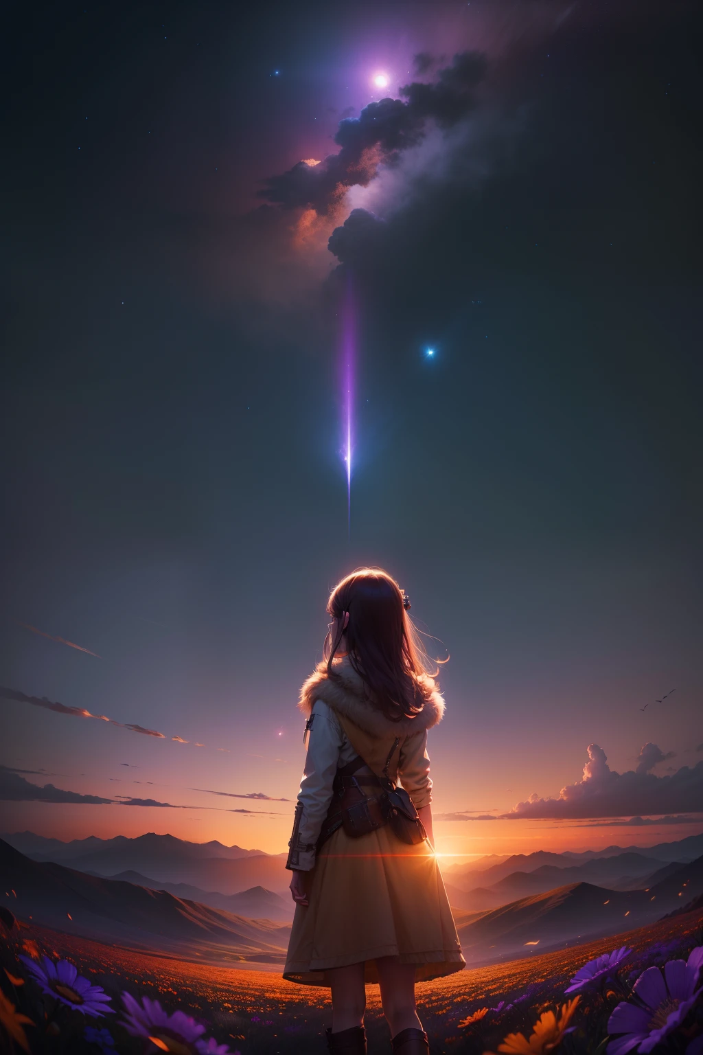 A wide landscape photo, (viewed from below, the sky is above, and the open field is below), a girl standing on a flower field looking up, (full moon: 1.2), (meteor: 0.9), (nebula: 1.3), distant mountains , Trees BREAK Crafting Art, (Warm Light: 1.2), (Firefly: 1.2), Lights, Lots of Purple and Orange, Intricate Details, Volumetric Lighting BREAK (Masterpiece: 1.2), (Best Quality), 4k, Ultra Detailed, (Dynamic Composition: 1.4), Rich in Detail and Color, (Rainbow Color: 1.2), (Glow, Atmospheric Lighting), Dreamy, Magical, (Solo: 1.2)
