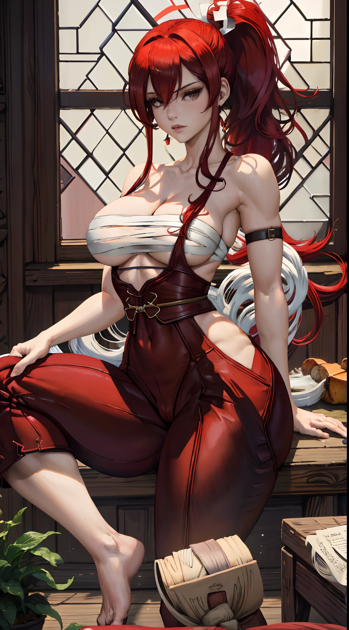 Masterpiece, Best Quality, hight resolution, fairytale, 1girl, hairlong, red hair, pony tail, white ribbon, hair above one eye, Brown eyes, large breasts, Sarashi's chest, bandage, Red Hakama, wide thighs, big butt, red pants, Cowboy shot, Indoors, Sits, spreading legs, epic pose, Erotica