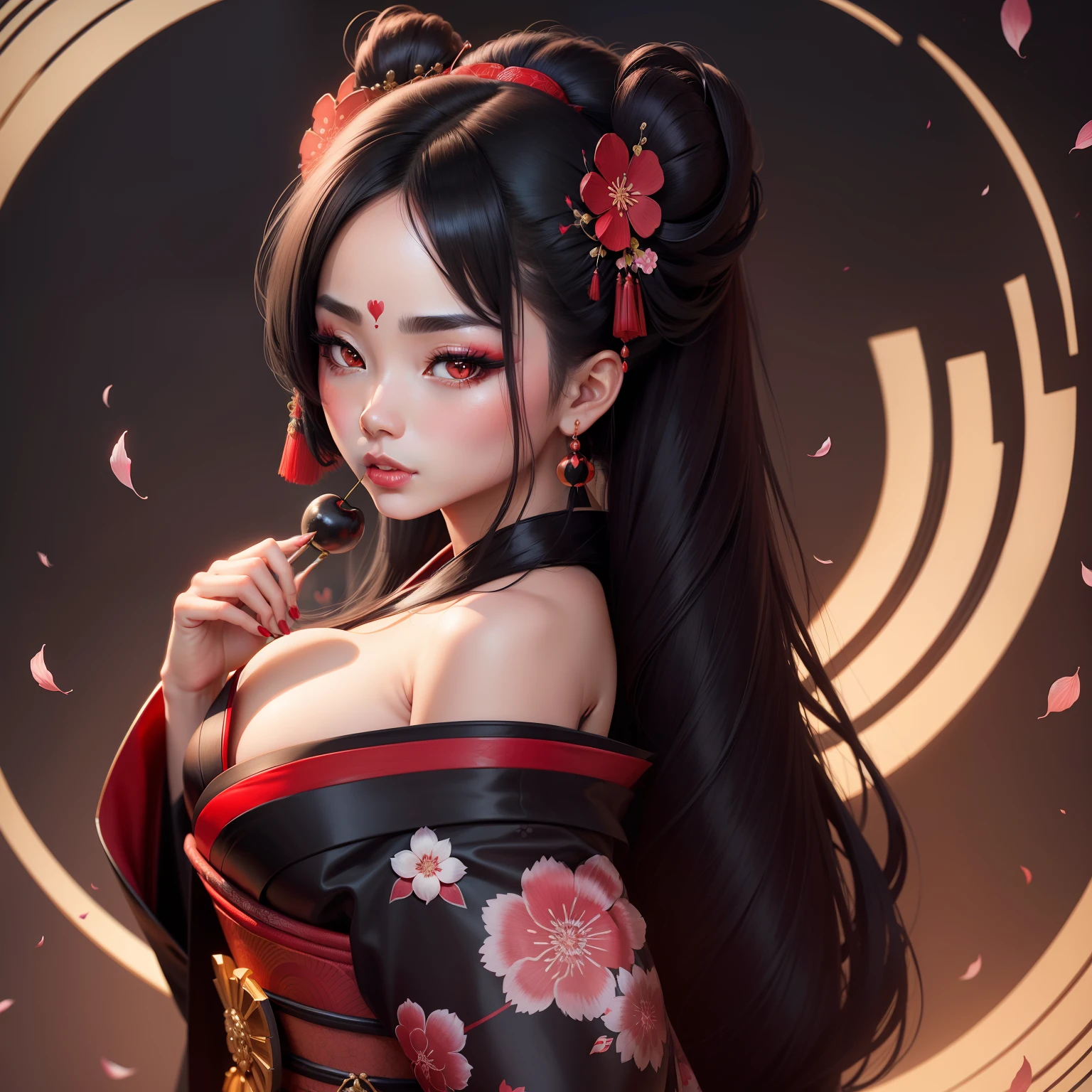 Seductive geisha, wear black kimono, black hair, red moon, dark brown skinned complexion, cherry blossom on hair, 4k, almond eyes, big lip, logo, heart shape face