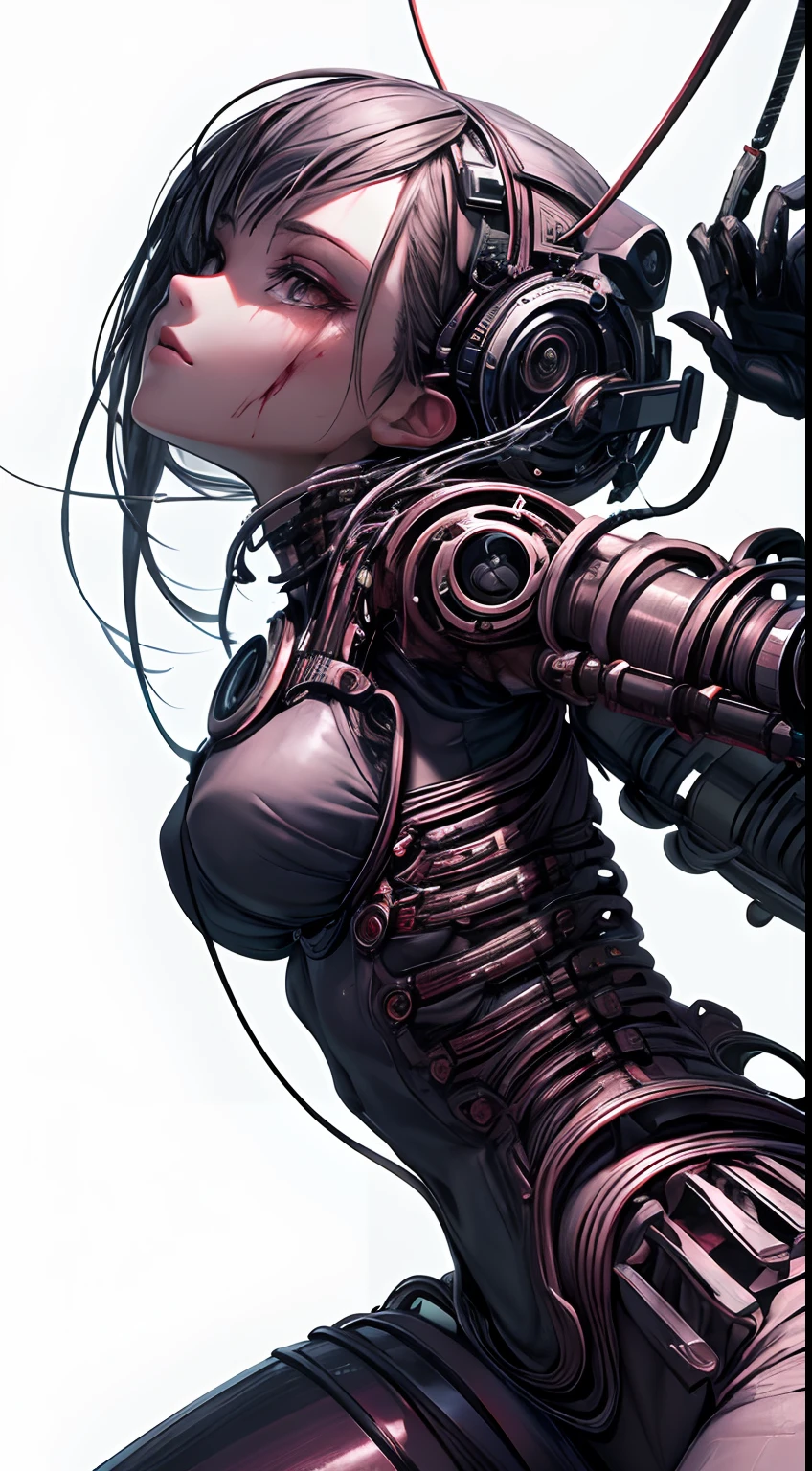 (((Masterpiece))), ((Best Quality)), (Super Detail), (CG Illustration), (Very Evil and Beautiful)), Cinematic Light, ((1 Mechanical Girl)), Single, (Mechanical Art: 1.4), ((Mechanical limb)), (Blood vessel attached to a tube), ((Mechanical spine attached to the back)), ((Mechanical cervical vertebrae attached to the neck), (Back to the viewer)), expressionless, ( Wires and cables attached to the head and body: 1.5), Science Fiction, Apocalypse, Ruins, (Lower Body Integrated with Mechanical Devices), (Blood: 1.5), Cruelty, Absurdity, Eroticism, Fusion with Machines, Doomsday Time, Super Future, Inorganic, Laboratory, Restraint, (Beautiful Indulgence: 1.2), (1 Girl: 1.3), Body Wrapped Around Mechanical Tentacles