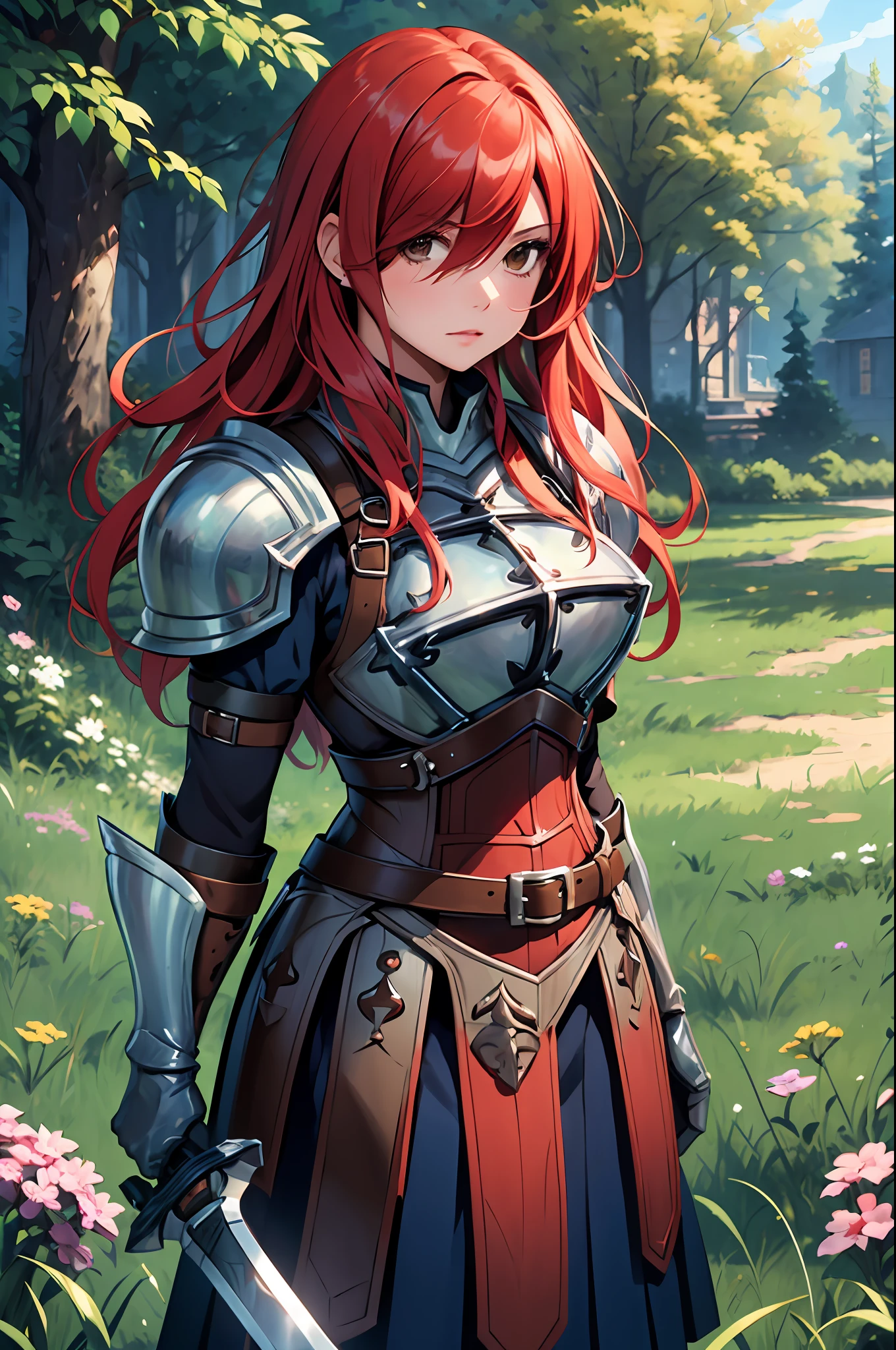 Masterpiece, Best Quality, hight resolution, fairytale, 1girl, Long hair, red hair, Brown eyes, bronya, shoulder armor, Mittens, breastplate, armored dress, belt, pleated skirt, Blue skirt, hair above one eye, field, grass, Standing, Cowboy shot, holding weapon, sword,