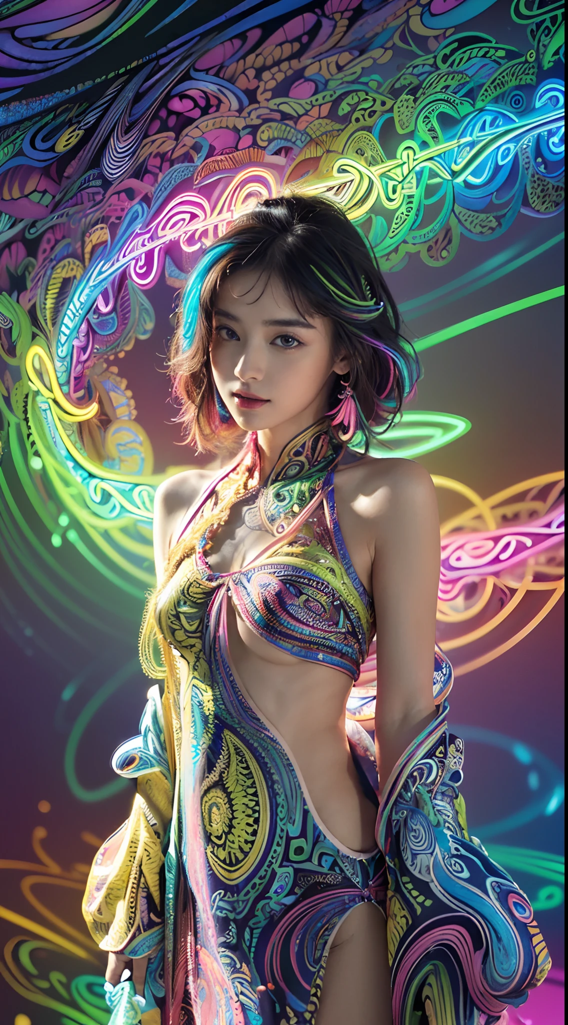 (masterpiece, top quality, best quality, official art, beautiful and aesthetic:1.2), (1girl:1.3), extremely detailed,(fractal art:1.2),colorful,highest detailed,( zentangle neon:1.2), (dynamic pose), (abstract background neon:1.5), (treditional dress:1.2), (shiny skin), (many colors:1.4), upper body ,Neon,16K,Full HD