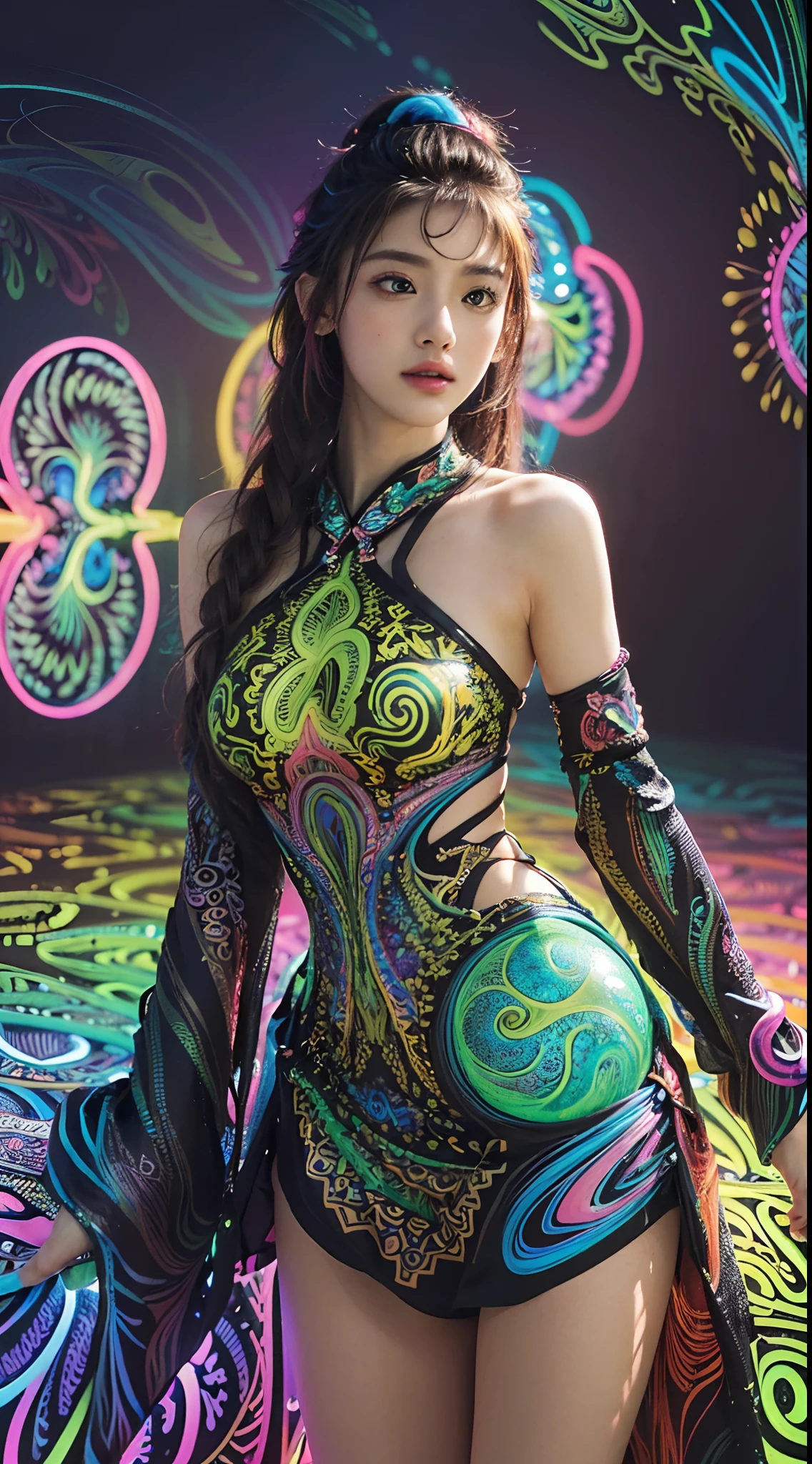 (masterpiece, top quality, best quality, official art, beautiful and aesthetic:1.2), (1girl:1.3), extremely detailed,(fractal art:1.2),colorful,highest detailed,( zentangle neon:1.2), (dynamic pose), (abstract background neon:1.5), (treditional dress:1.2), (shiny skin), (many colors:1.4), upper body ,Neon,16K,Full HD,nipples