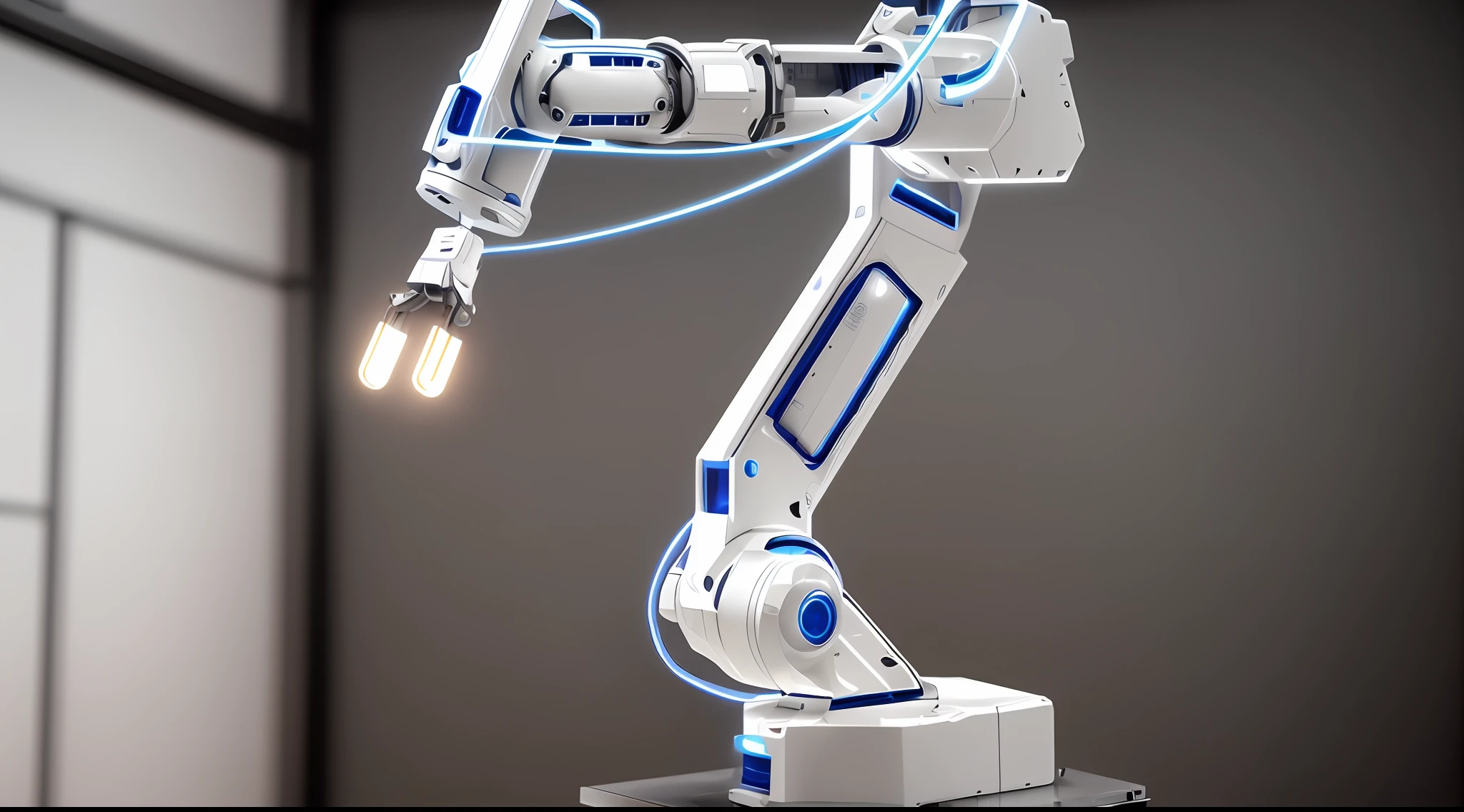 Un primer plano de un robot sobre una superficie blanca con un cable, robotic arm, Robot industrial, robotic arm, Realistic robotic machinery, robot arms, with a robotic arm, Extended robotic arms, Robot under construction, Robots industriales, with robotic arms, Robotic outstretched arms, robot arms, Robotic Platform, un brazo del cuerpo del robot, robotic, robotic left arm, Mechanical-arm