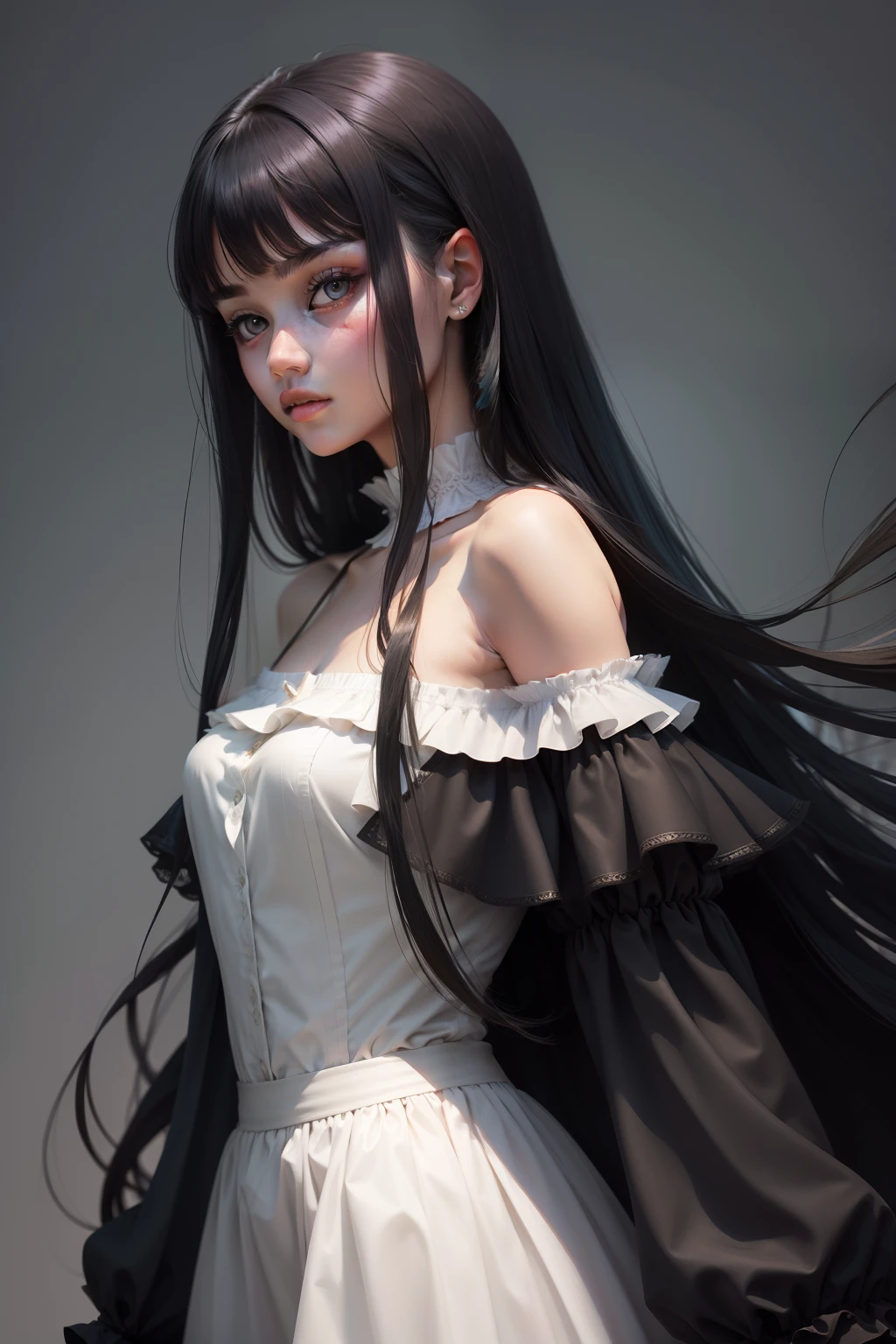Top quality masterpiece illustrations、Black hair and black eyes、Wearing multiple necklaces、Wearing earrings、Little girl in black and white fancy dress looking up、Cute and elegant face with long hair in the upward view. The angle of the lower body is fair.、More hair details、