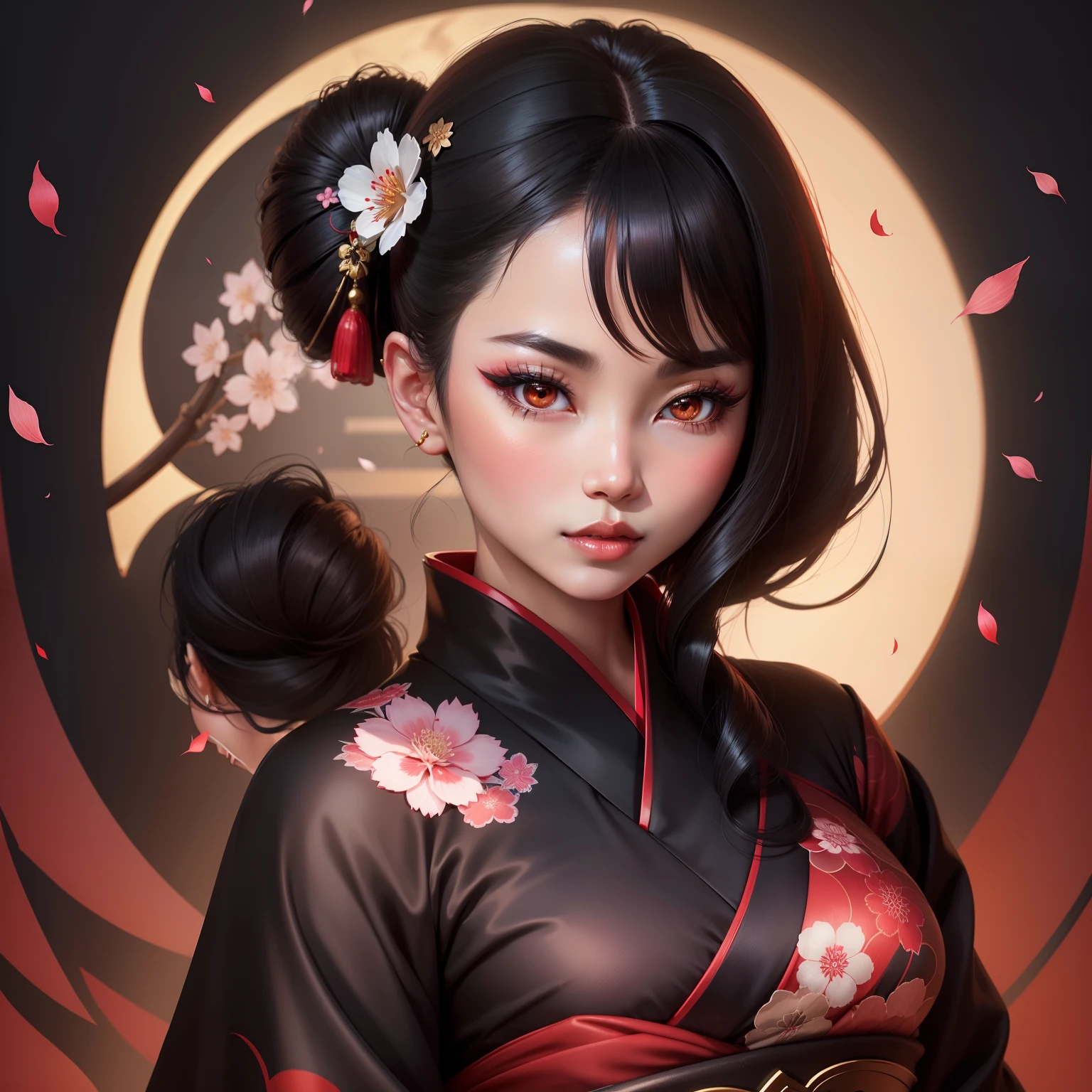 Seductive geisha, wear black kimono, black hair, red moon, dark brown skinned complexion, cherry blossom on hair, 4k, almond eyes, big lip, logo, heart shape face, face fuller