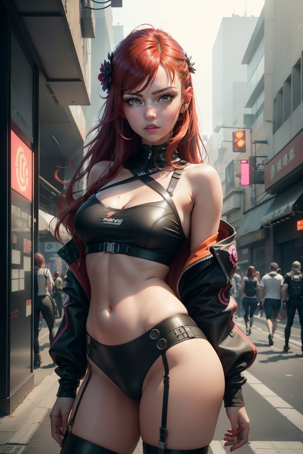 1 girl, Green eyes ,Brunette hair outside , Lovely flowers in the hair , Red hair inside ,Cyberpunk city, Cyberpunk costumes,Delicate face, Wear neon clothes, cropped shoulders, Open clothes, , black thighhigns, Leaning against a metal fence, 8K ,4K, (highestdetailed:1.25), Masterpiece, absurderes,A high resolution, Super Sgap , view the viewer