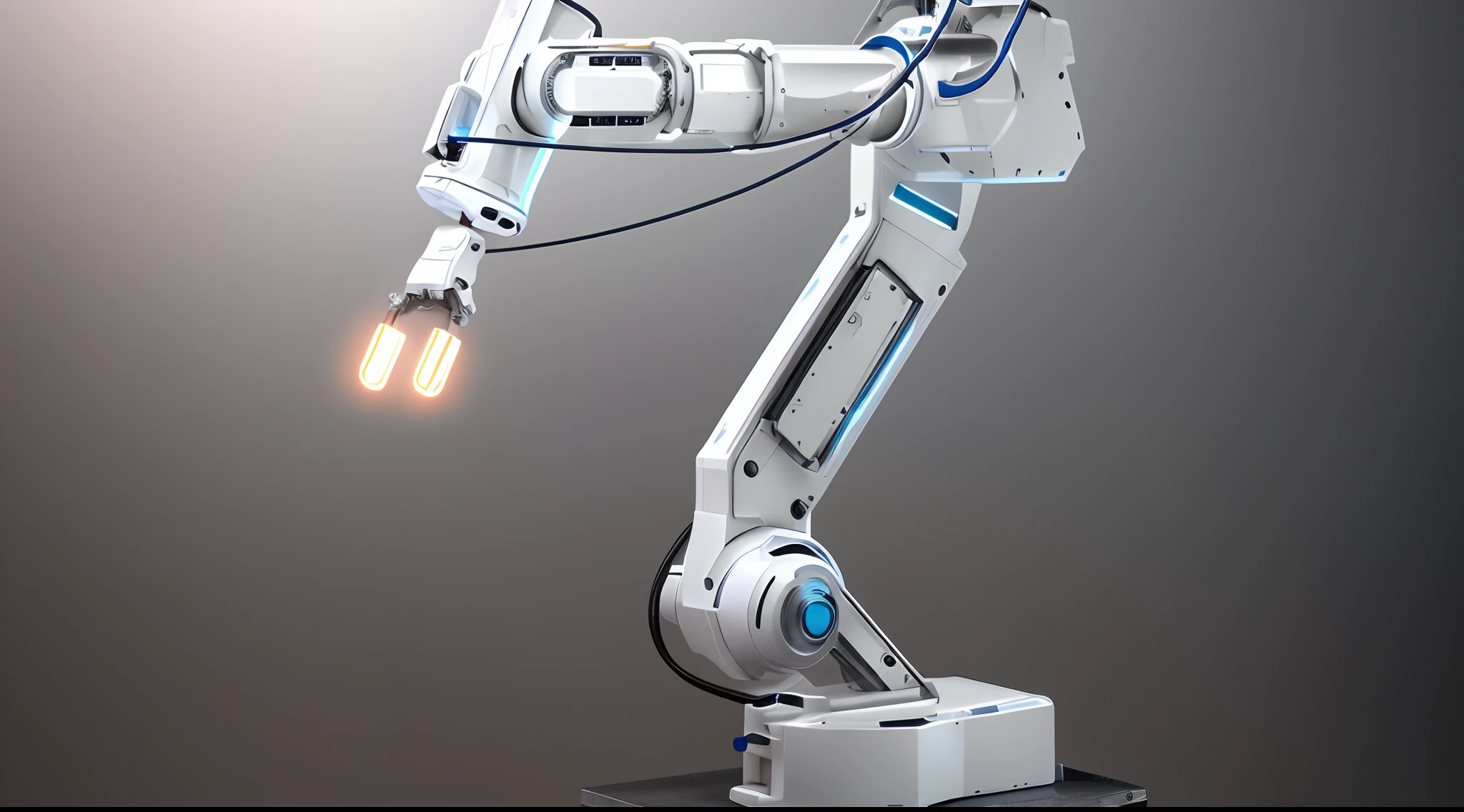 Un primer plano de un robot sobre una superficie blanca con un cable, robotic arm, Robot industrial, robotic arm, Realistic robotic machinery, robot arms, with a robotic arm, Extended robotic arms, Robot under construction, Robots industriales, with robotic arms, Robotic outstretched arms, robot arms, Robotic Platform, un brazo del cuerpo del robot, robotic, robotic left arm, Mechanical-arm