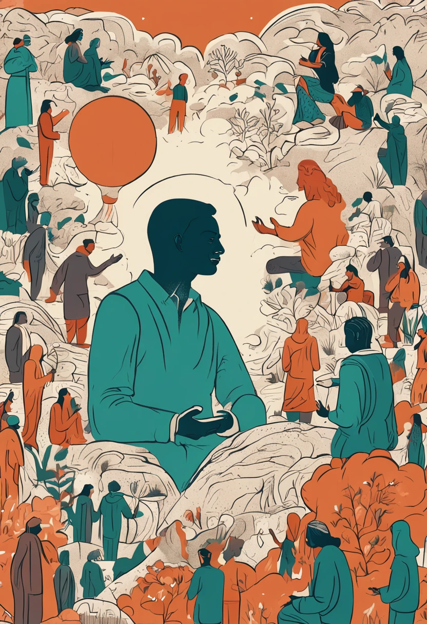 An image of a sage surrounded by people, ensinando e compartilhando seus conhecimentos, symbolizing the importance of connection and sharing experiences for personal growth.