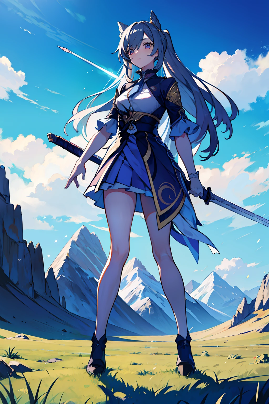 Illustration, UHD, retina, masterpiece, accurate, anatomically correct, super detail, high details, high quality, award winning, best quality, highres, good anatomy, 1080P, HD, 4K, 8k, 16k, 1girl, dynamic pose, androgynous, full body, holding a sword, mini skirt, lighting, shading, grass, mountain, blue sky, clouds, rendering, detailed hair, detailed clothes, detailed eyes