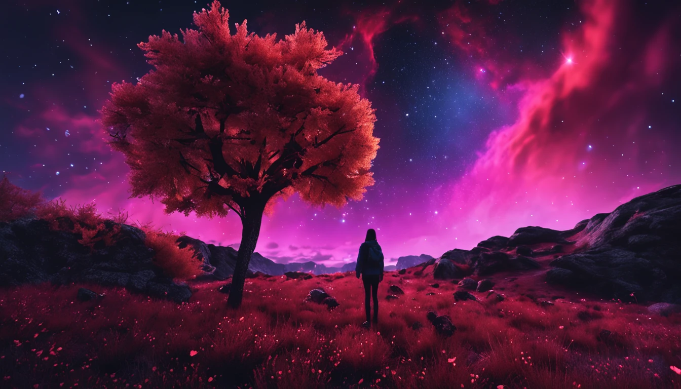 Paisagem 4k, Estrelas bonitas no fundo, parece um sonho, sky looking extremely beautiful, Ultra resolution, perfect lighting, dark space, space photo, extremamente bonito, Mundo de fantasia, Girl standing on flowers, looking at the sky, dark vibes, Perfect color classification