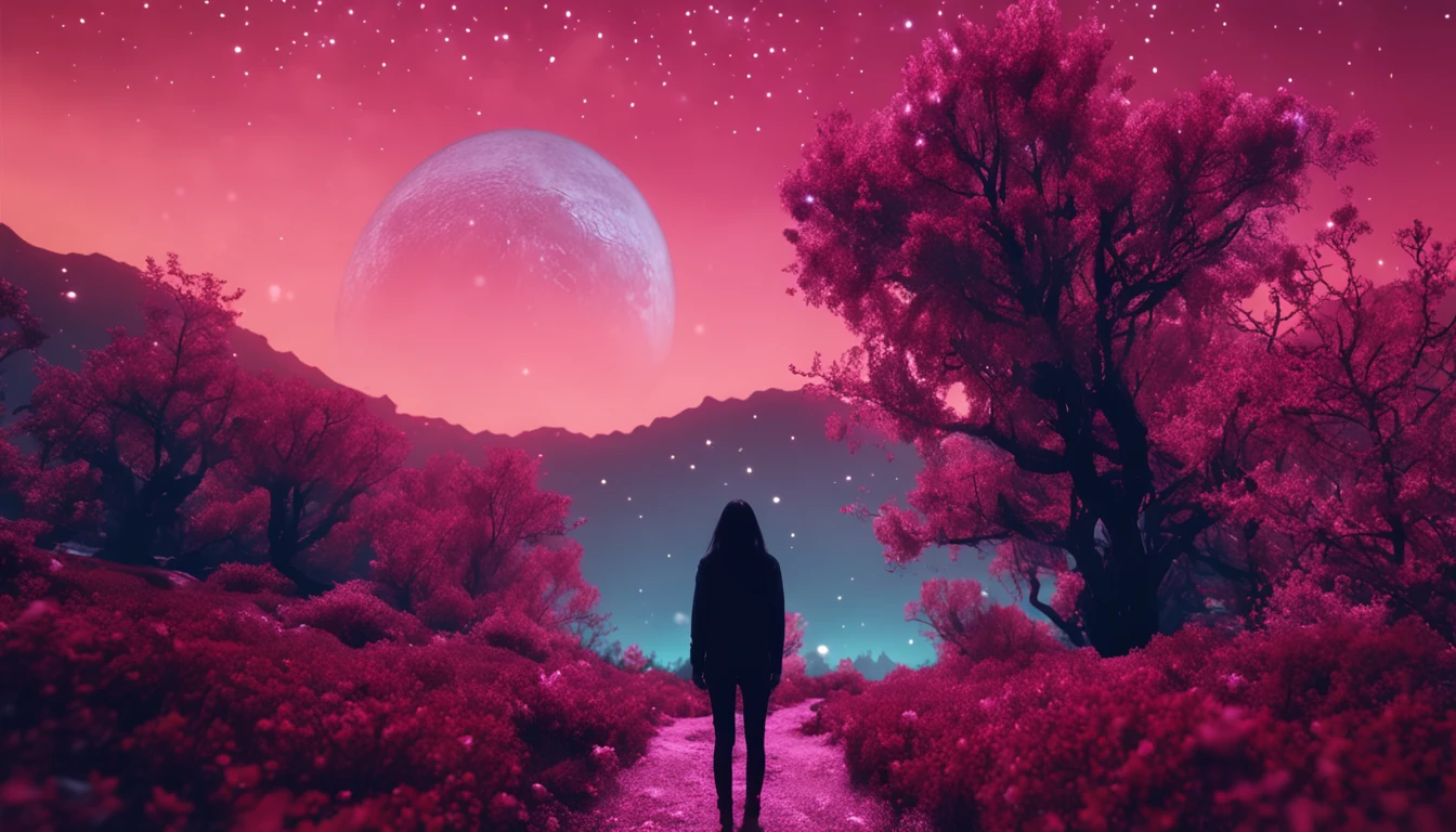Paisagem 4k, Estrelas bonitas no fundo, parece um sonho, sky looking extremely beautiful, Ultra resolution, perfect lighting, dark space, space photo, extremamente bonito, Mundo de fantasia, Girl standing on flowers, looking at the sky, dark vibes, Perfect color classification
