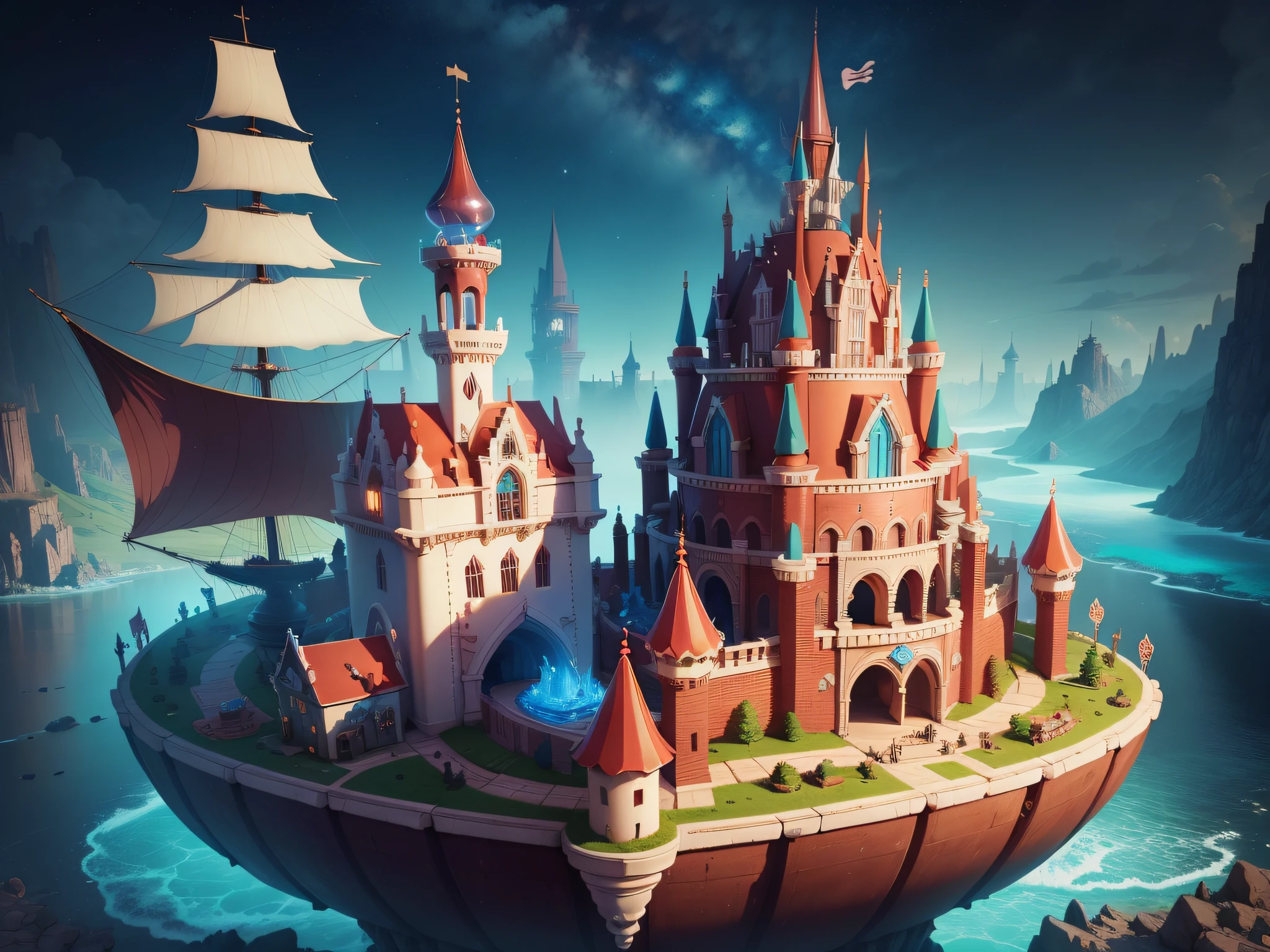 a imponent bigest great chocolate castle with diferents candys river and littles ships one dragon. very detalistc, 4k,. mega man game style. colorful