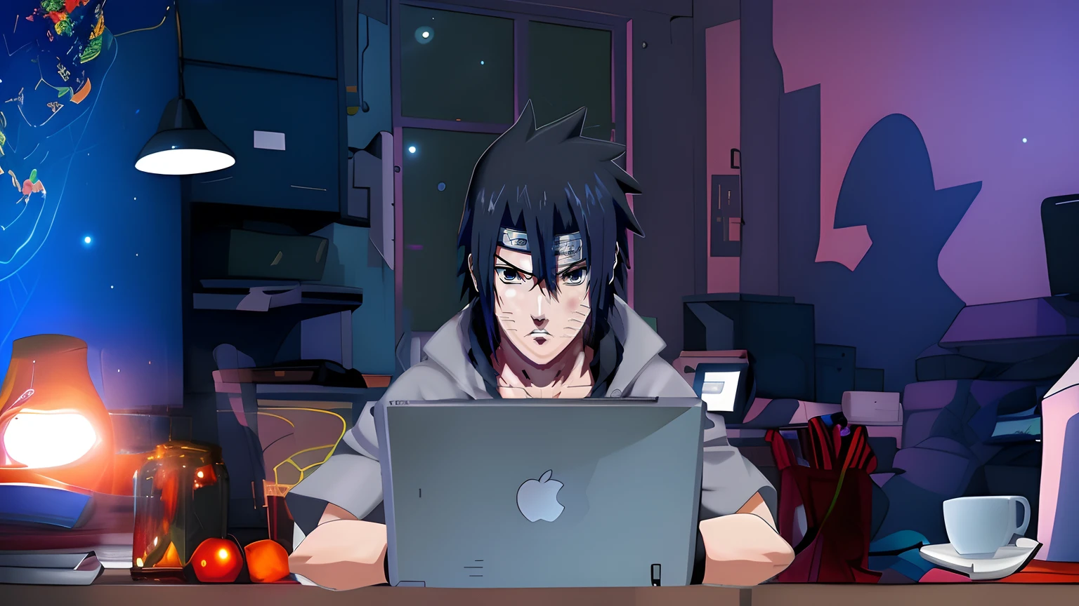 personagem de anime sentado em uma mesa com um laptop, sasuke uchiha, Estilo anime 4K, badass anime 8 k, Estilo anime moderno, Estilo anime. 8k, itatchi uchiha, Epic anime style, Steve Jobs como Hokage, Estilo anime muito moderno, Estilo anime", Estilo anime 2D, em Estilo anime, Estilo de arte Ufotable