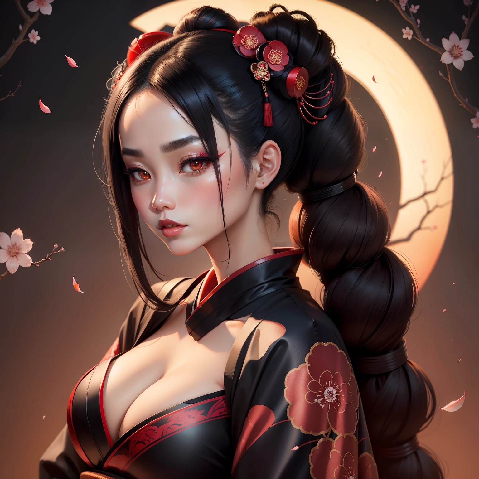 Seductive geisha, wear black kimono, black hair, red moon, dark brown skinned complexion, cherry blossom on hair, 4k, almond eyes, big lip, logo, heart shape face, face fuller, sexy hair tied up