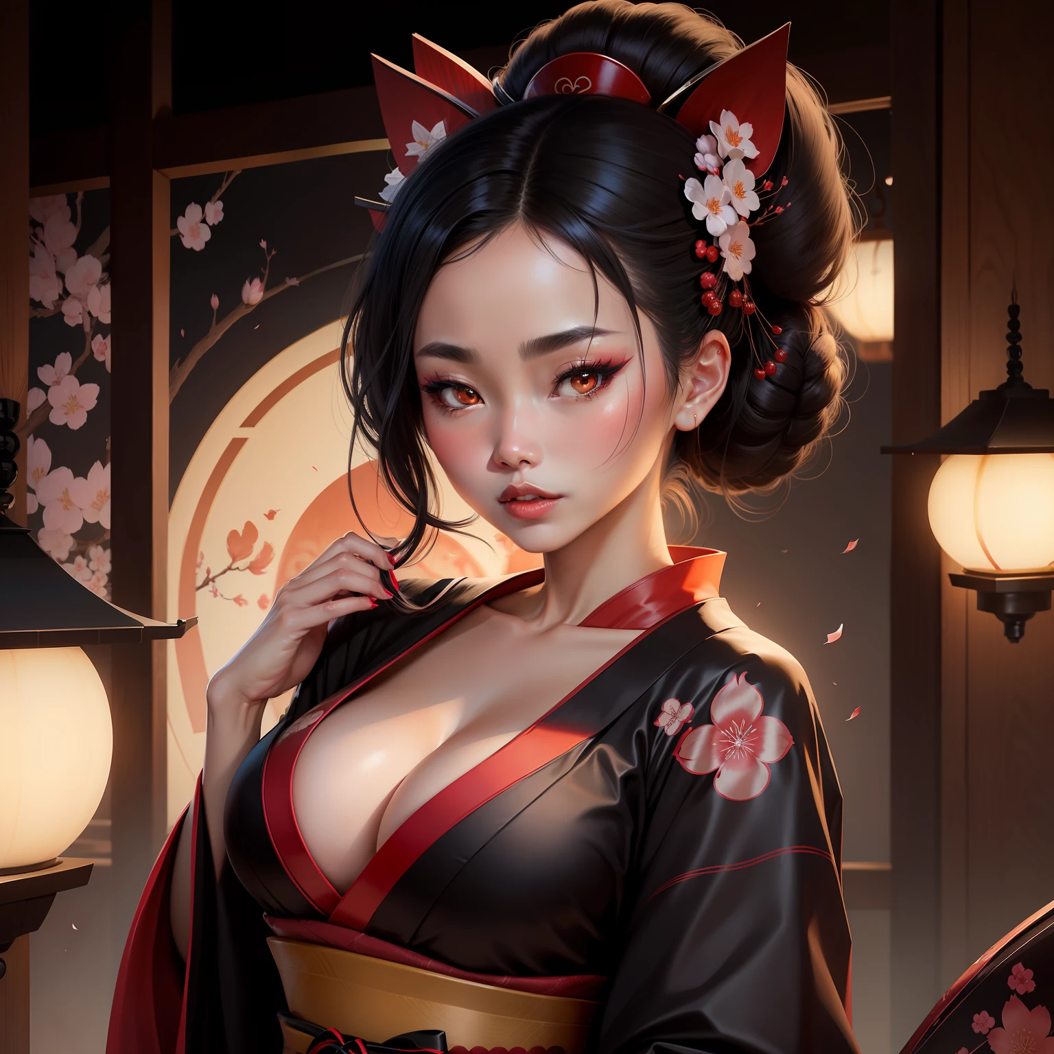 Seductive geisha, wear black kimono, black hair, red moon, dark brown skinned complexion, cherry blossom on hair, 4k, almond eyes, big lip, logo, heart shape face, face fuller, sexy hair tied up