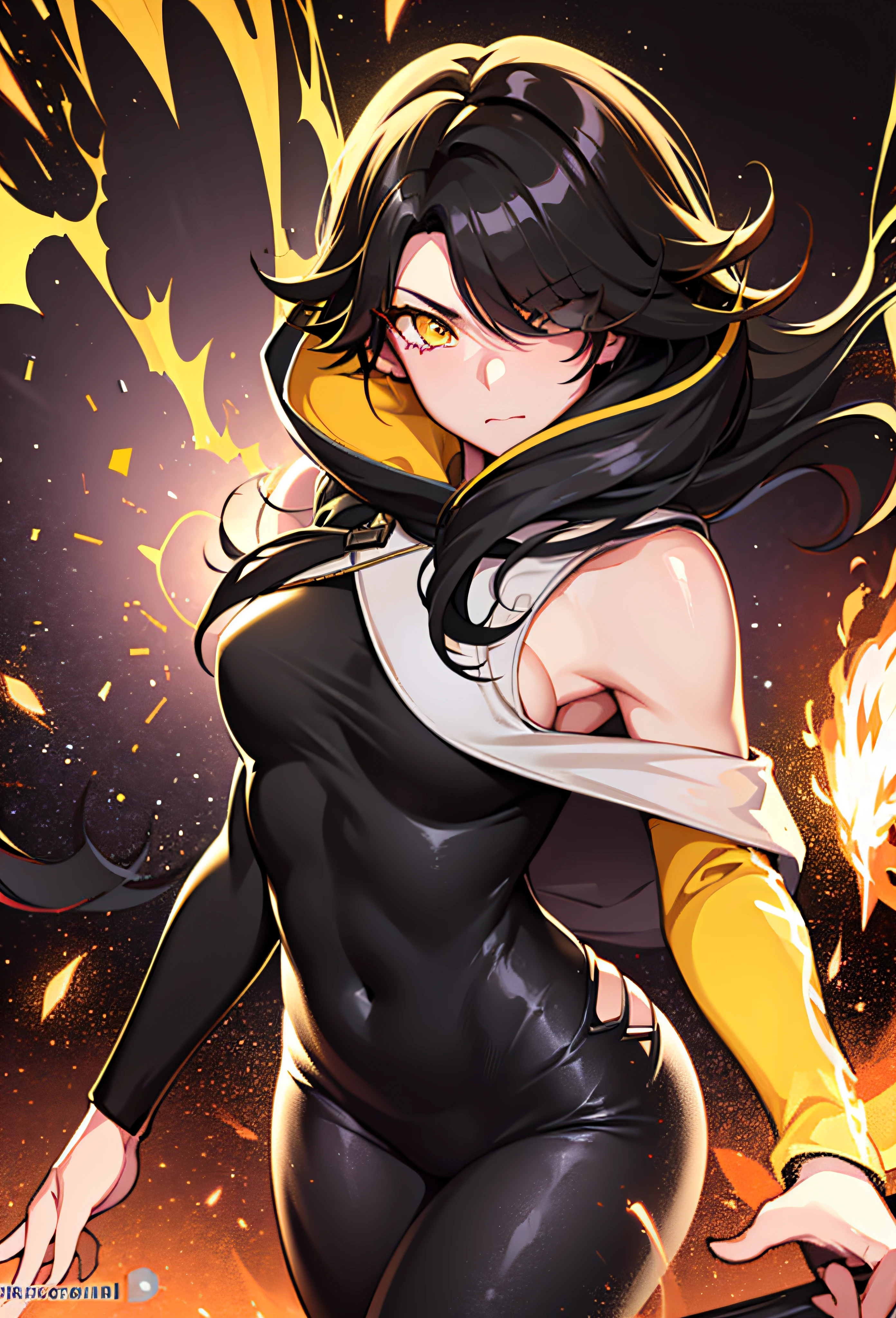 4k, Best Quality, 1girl,, Yellow Eye, black hair, Long hair, hair above one eye, White Hoodie, upper-body, looking a viewer, 独奏, Simple background, Fire, Mad, Black Leggings