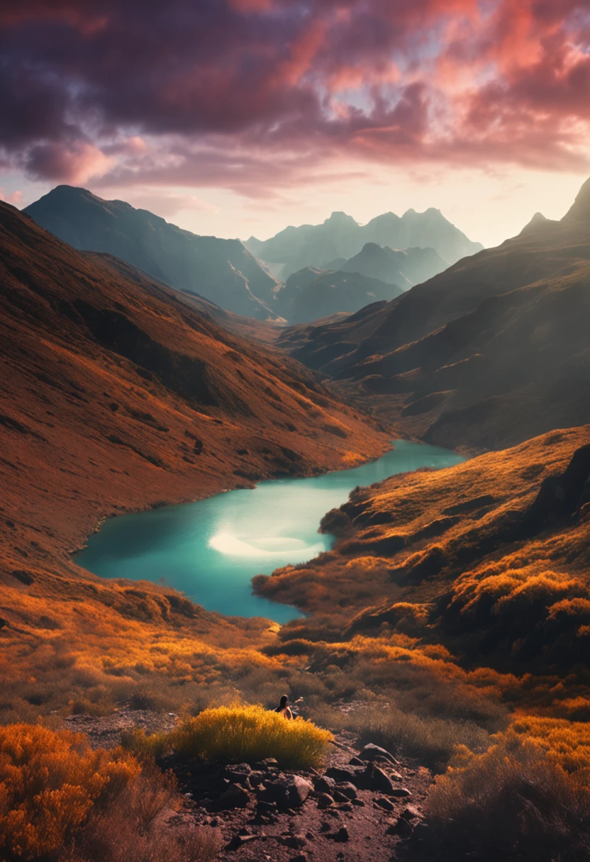 An image of a lone sage in the middle of a mountainous landscape, meditando e refletindo sobre a vida e seus desafios para atingir o crescimento pessoal.