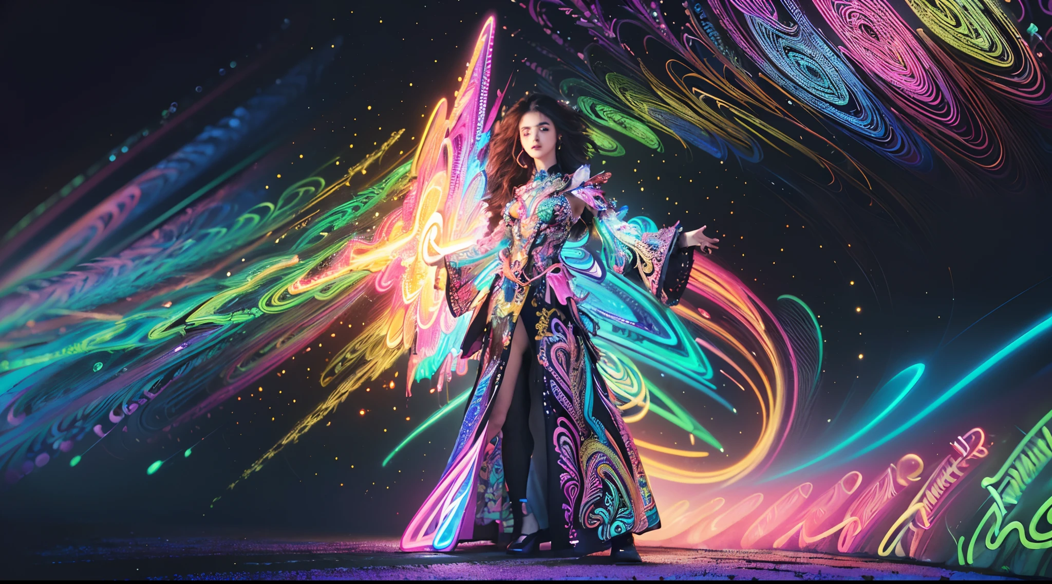 (masterpiece, top quality, best quality, official art, beautiful and aesthetic:1.2), (1girl:1.3), extremely detailed,(fractal art:1.2),colorful,highest detailed,( zentangle neon:1.2), (dynamic pose), (abstract background neon:1.5), (treditional dress:1.2), (shiny skin), (many colors:1.4), upper body ,Neon,16K,Full HD