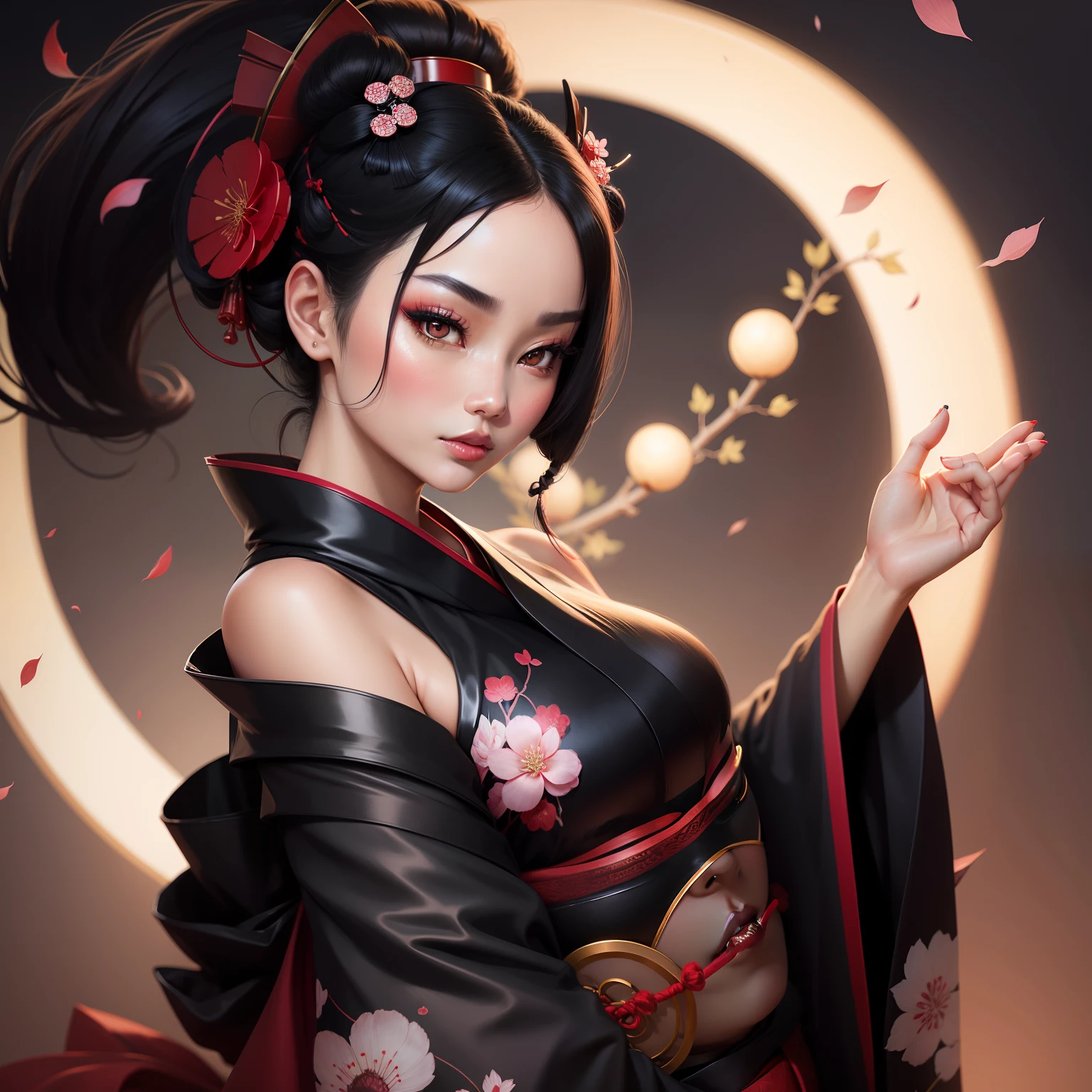((full body))((sexy tall mature japanese supermodel)) ((beautiful face)) (red lipstick) ((big bright eyes)) ((very long black straight high pony tail hair with square bangs)) ((pale skin)) ((very huge breast:1.5)) (perfect body:1.3) ((wears fantasy red kimono with flowers prints, stocking, high heels)) ((sexy supermodel posing inside photo studio for camera epic photoshoot, light of reflector over her, fantasy decoration, magic crystals))(high resolution, dynamic shadows)((photorealistic:1.5)) ((masterpiece:1.3)) (8k) (perfect face) (best quality) (perfect hands and eyes)