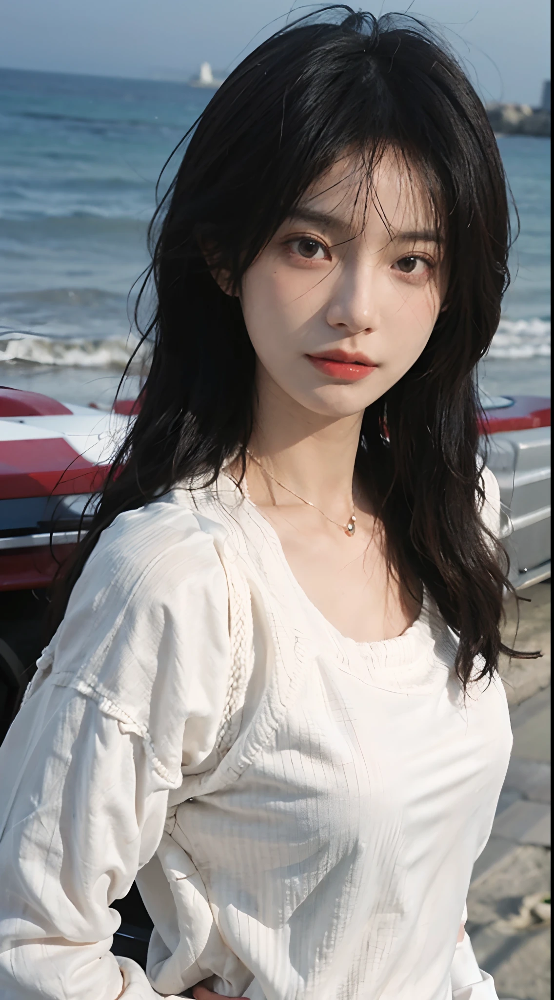 best qualtiy, 超高分辨率, (realisticlying:1.4),cute hairpin,1girll,Red long-haired,Six o'clock sweater ,Beautiful woman with a slim figure:1.4, Pronounced abs,On the sandy beach,Ultra-fine face,Elaborate Eyes,二重まぶた,choker necklace