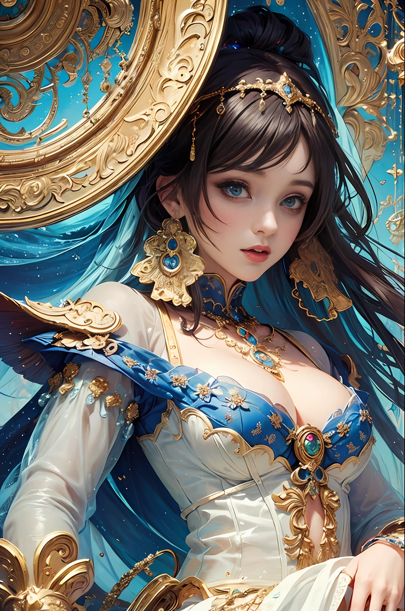 (masterpiece, top quality, best quality, official art, beautiful and aesthetic:1.2), (1 fantasy girl), extremely detailed, ornate jewellery, (fractal art:1.3),colorful,highest detail.