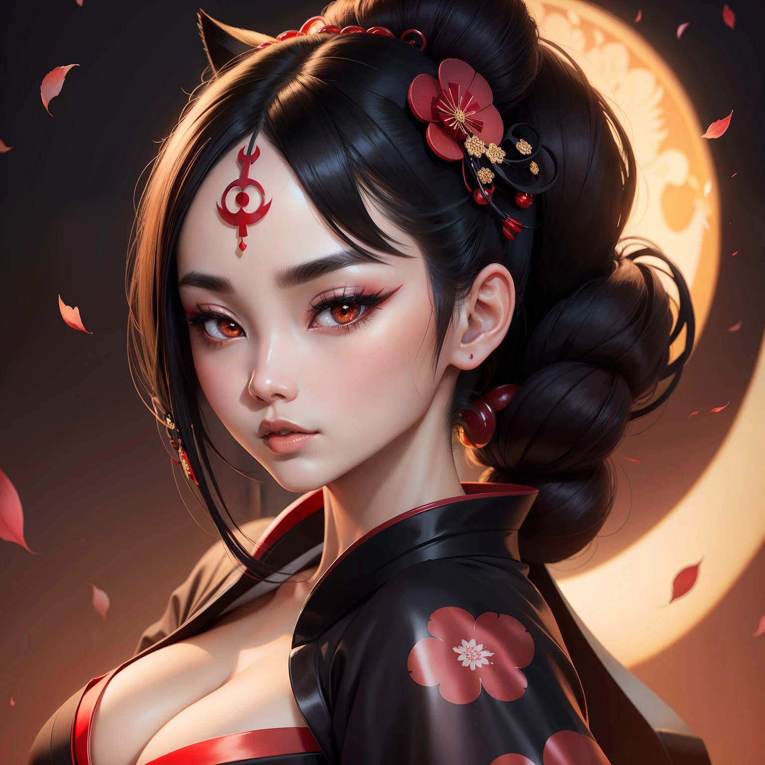 Seductive geisha, wear black kimono, black hair, red moon, dark brown skinned complexion, cherry blossom on hair, 4k, almond eyes, big lip, logo, heart shape face, face fuller, sexy hair tied up, black eyes