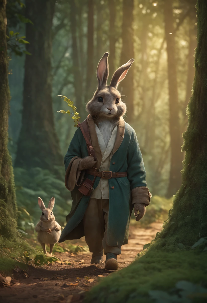 There is a painting of a man and a rabbit in the forest, arte de fantasia peluda, fantasia raposa amor, Beeple e Jeremias Ketner, arte peluda muito bonita, Cyril Rolando e Goro Fujita, Directed by: Ryan Yee, Artgerm e Atey Ghailan, anime exuberante john 8k madeiras, anthropomorphic furry art