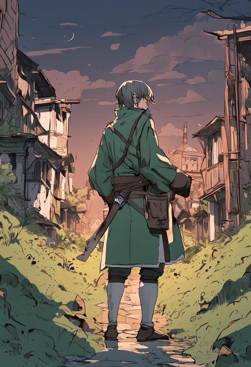 Anime,2d,preto e branco, cabelo verde, Adulto, 17 anos, guerreiro, fazendeiro, pobre, medieval , sorrindo, graves, triste foco no rosto, melhor qualidade, obra prima, 8k, 32k --auto --s2