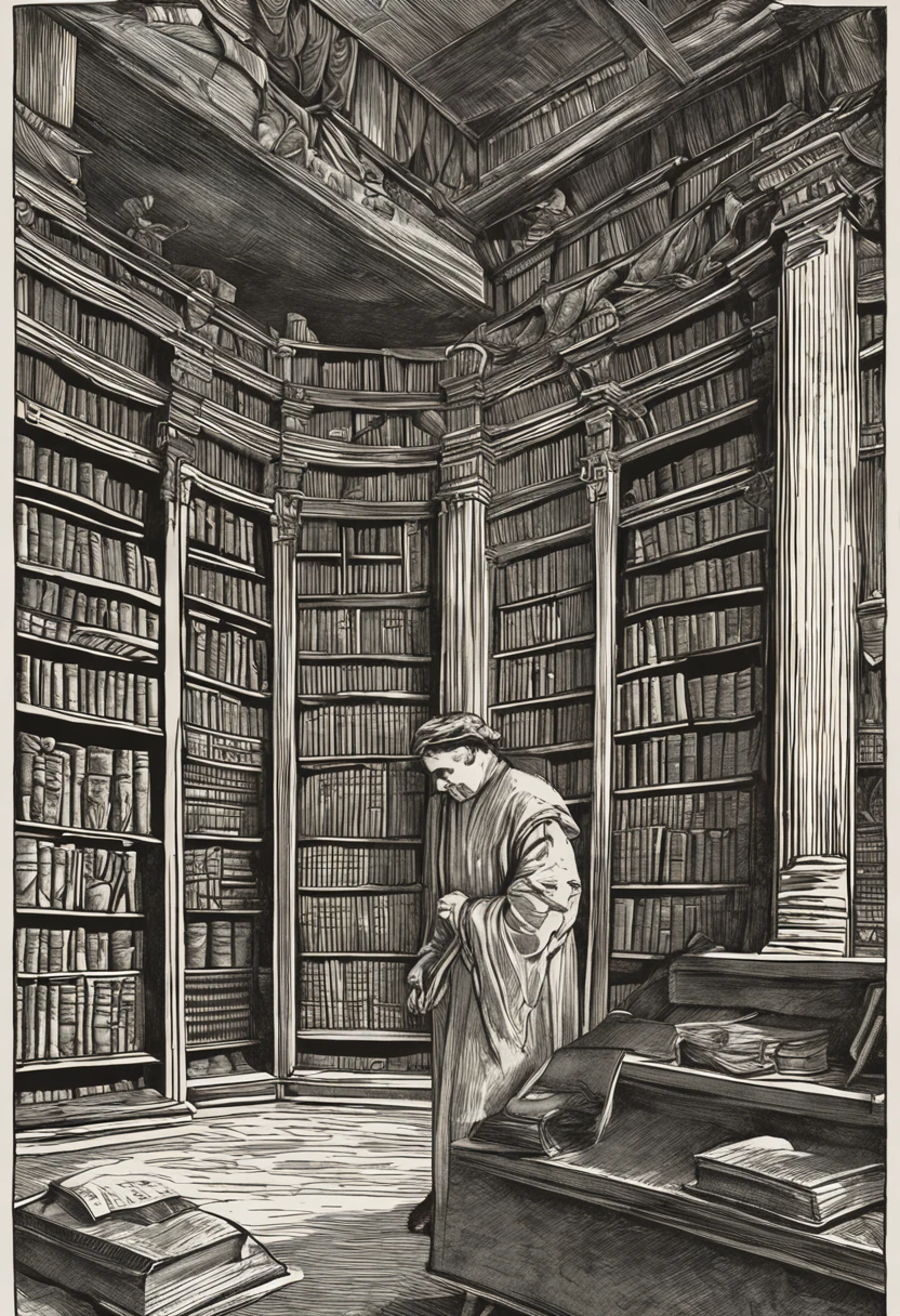 An image of a sage surrounded by ancient books in a library, simbolizando a jornada de conhecimento e aprendizado como parte essencial do crescimento pessoal.