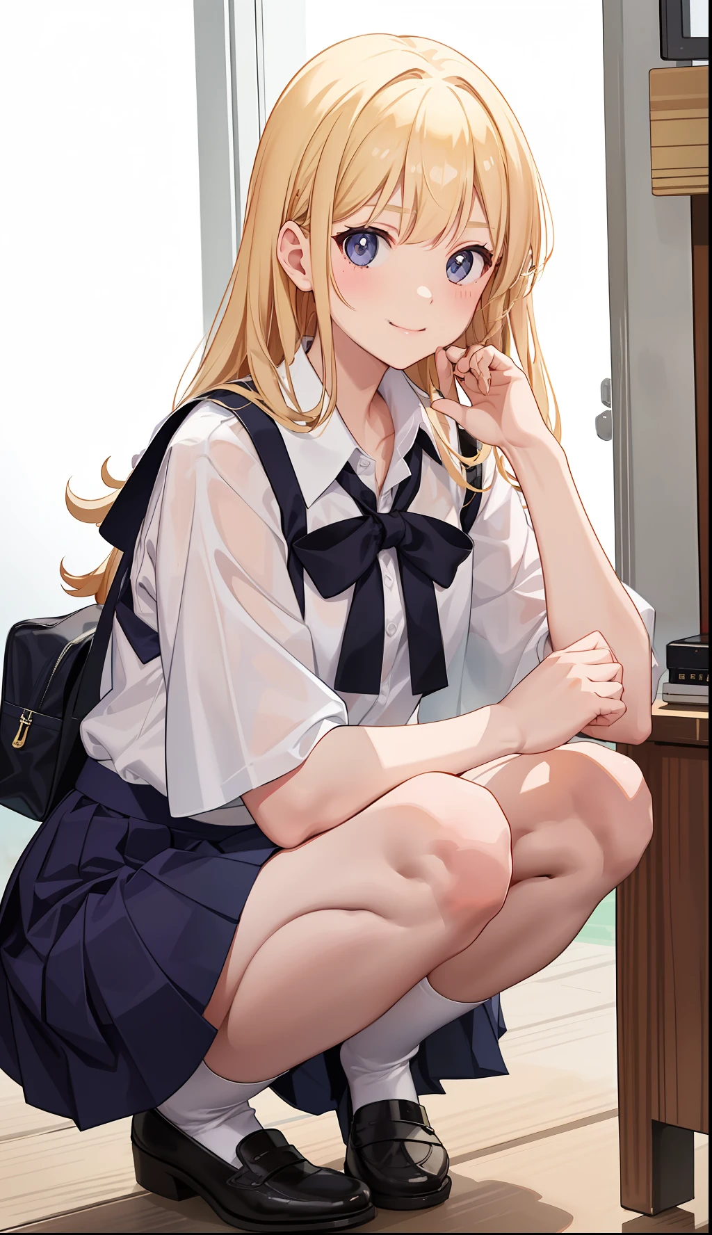 1girl in、A smile、The shirt、skirt by the、(small tits)Chilarism、Japan High School Student Uniform、serafuku、summer clothing、Run briskly、(Sheer Bra)、Upper body portrait、blonde hair、Squatting panchira、
