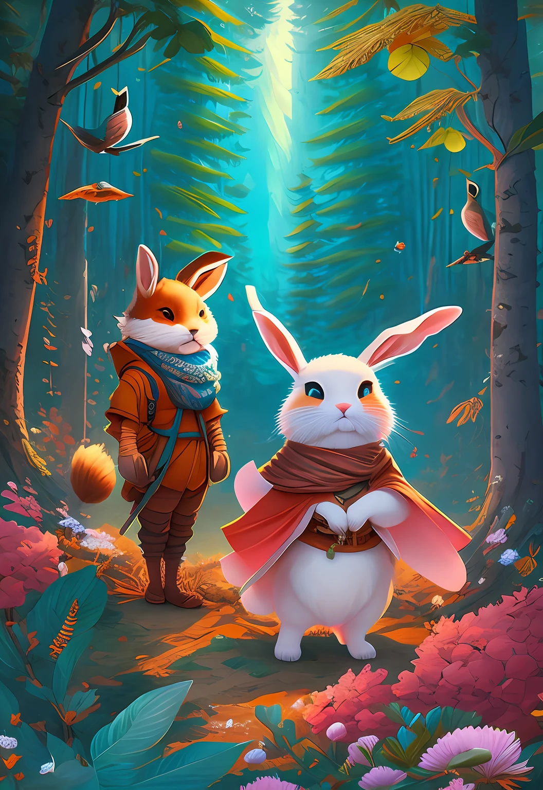 There is a painting of a man and a rabbit in the forest, arte de fantasia peluda, fantasia raposa amor, Beeple e Jeremias Ketner, arte peluda muito bonita, Cyril Rolando e Goro Fujita, Directed by: Ryan Yee, Artgerm e Atey Ghailan, anime exuberante john 8k madeiras, anthropomorphic furry art