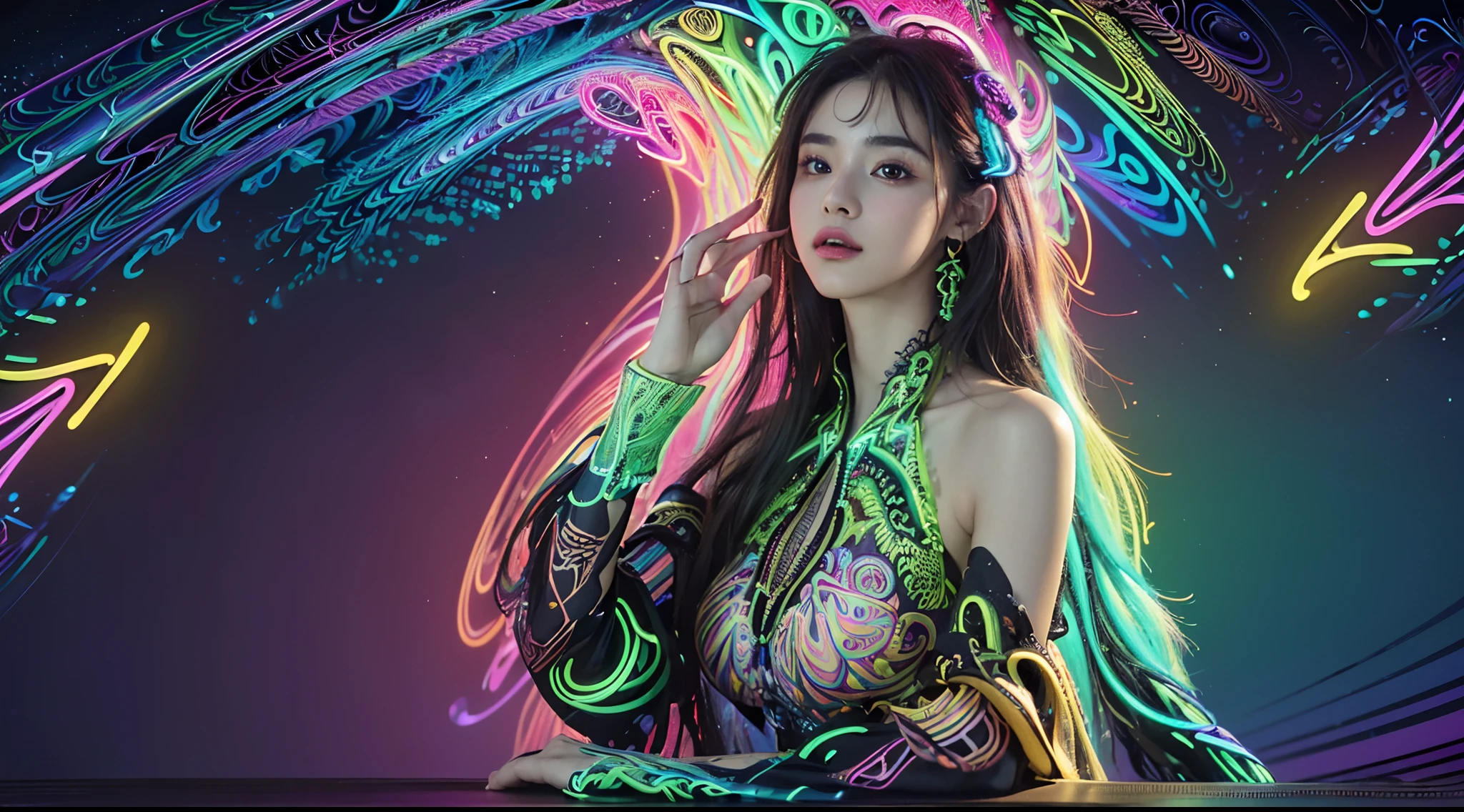 (masterpiece, top quality, best quality, official art, beautiful and aesthetic:1.2), (1girl:1.3), extremely detailed,(fractal art:1.2),colorful,highest detailed,( zentangle neon:1.2), (dynamic pose), (abstract background neon:1.5), (treditional dress:1.2), (shiny skin), (many colors:1.4), upper body ,Neon,16K,Full HD