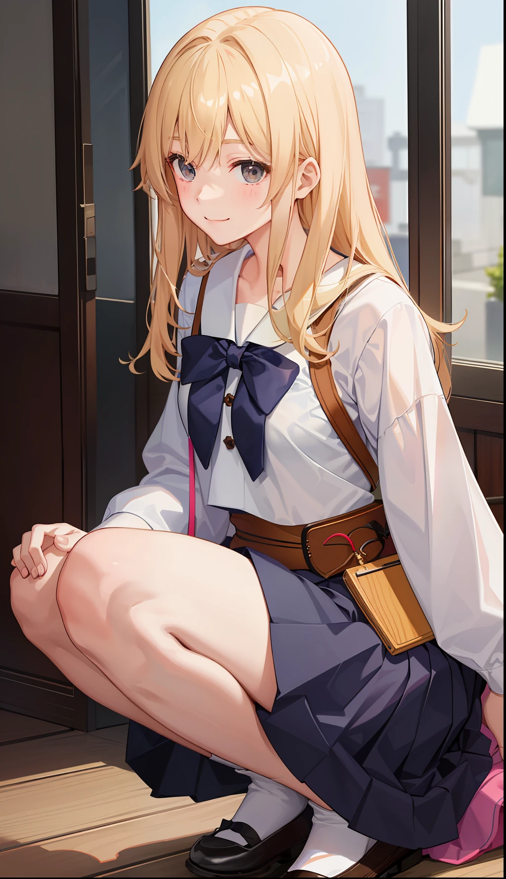 1girl in、A smile、The shirt、skirt by the、（small tits）Chilarism、Japan High School Student Uniform、serafuku、summer clothing、Run briskly、（Sheer Bra）、Upper body portrait、blonde  hair、Squatting panchira、