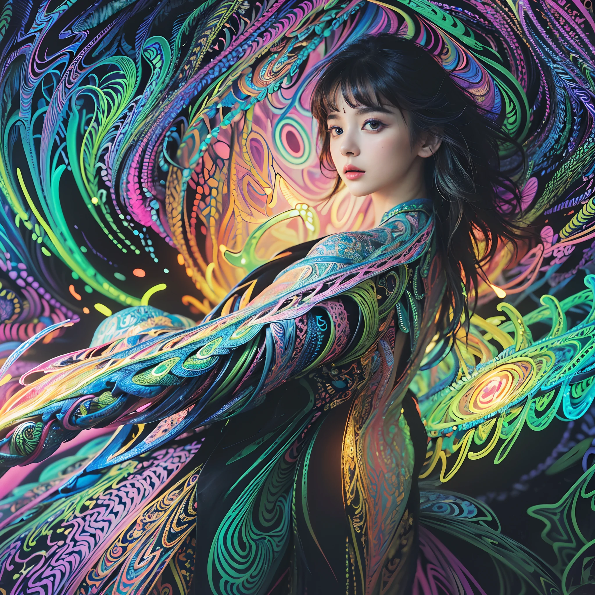 (masterpiece, top quality, best quality, official art, beautiful and aesthetic:1.2), (1girl:1.3), extremely detailed,(fractal art:1.2),colorful,highest detailed,( zentangle neon:1.2), (dynamic pose), (abstract background neon:1.5), (treditional dress:1.2), (shiny skin), (many colors:1.4), upper body ,Neon,16K,Full HD