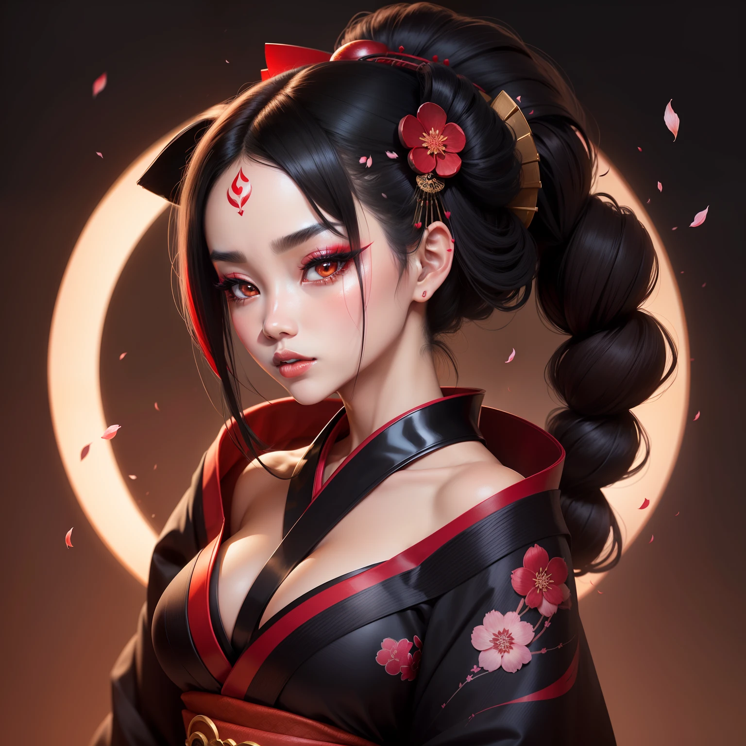 Seductive geisha, wear black kimono, black hair, red moon, dark brown skinned complexion, cherry blossom on hair, 4k, almond eyes, big lip, logo, heart shape face, face fuller, sexy hair tied up, black eyes