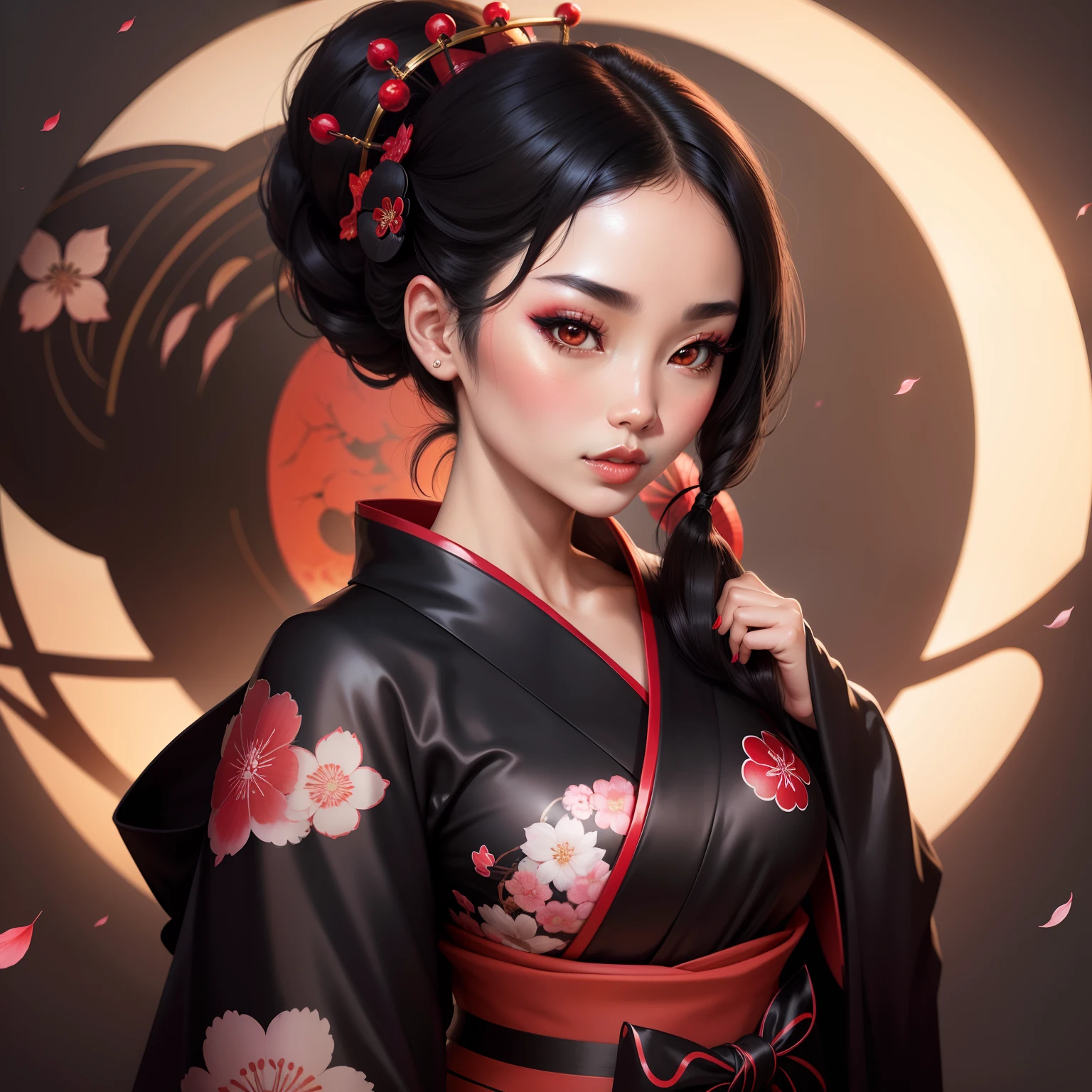 geisha, wear black kimono, black hair, red moon, dark skin complexion, cherry blossom on hair, 4k, almond eyes, big lip, logo, heart shape face, face fuller, sexy hair tied up, black eyes, dark red lipstick, female samurai warrior, swords, face shots, head shots, freckles on the face, up close head face shots, full hair, brown skin tanned