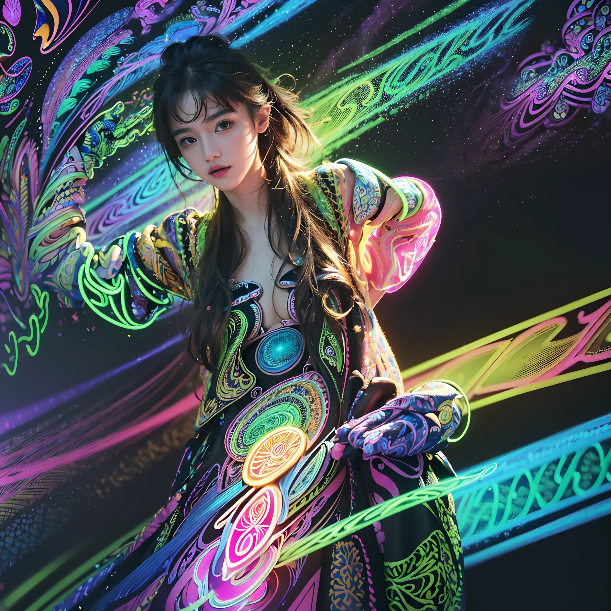 (masterpiece, top quality, best quality, official art, beautiful and aesthetic:1.2), (1girl:1.3), extremely detailed,(fractal art:1.2),colorful,highest detailed,( zentangle neon:1.2), (dynamic pose), (abstract background neon:1.5), (treditional dress:1.2), (shiny skin), (many colors:1.4), upper body ,Neon,16K,Full HD