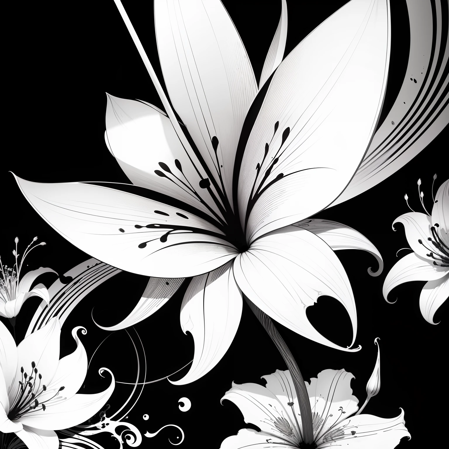 abstract lily flower wallpaper, vector style, splash ink, monochrome, intricate