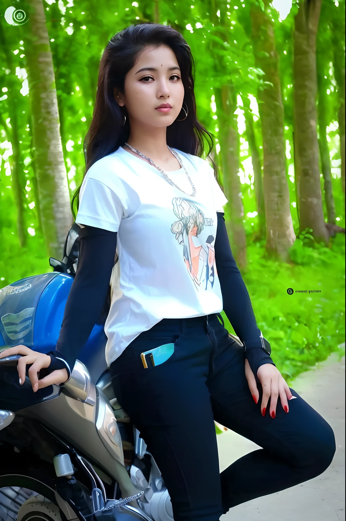 araffe woman sitting on a motorcycle in a park with trees, assamese aesthetic, with lovely look, attractive girl, very beautiful girl, nivanh chanthara, dressed in a white t shirt, student, asian girl, dang my linh, woman model, anime thai girl, south east asian with long, young and cute girl
