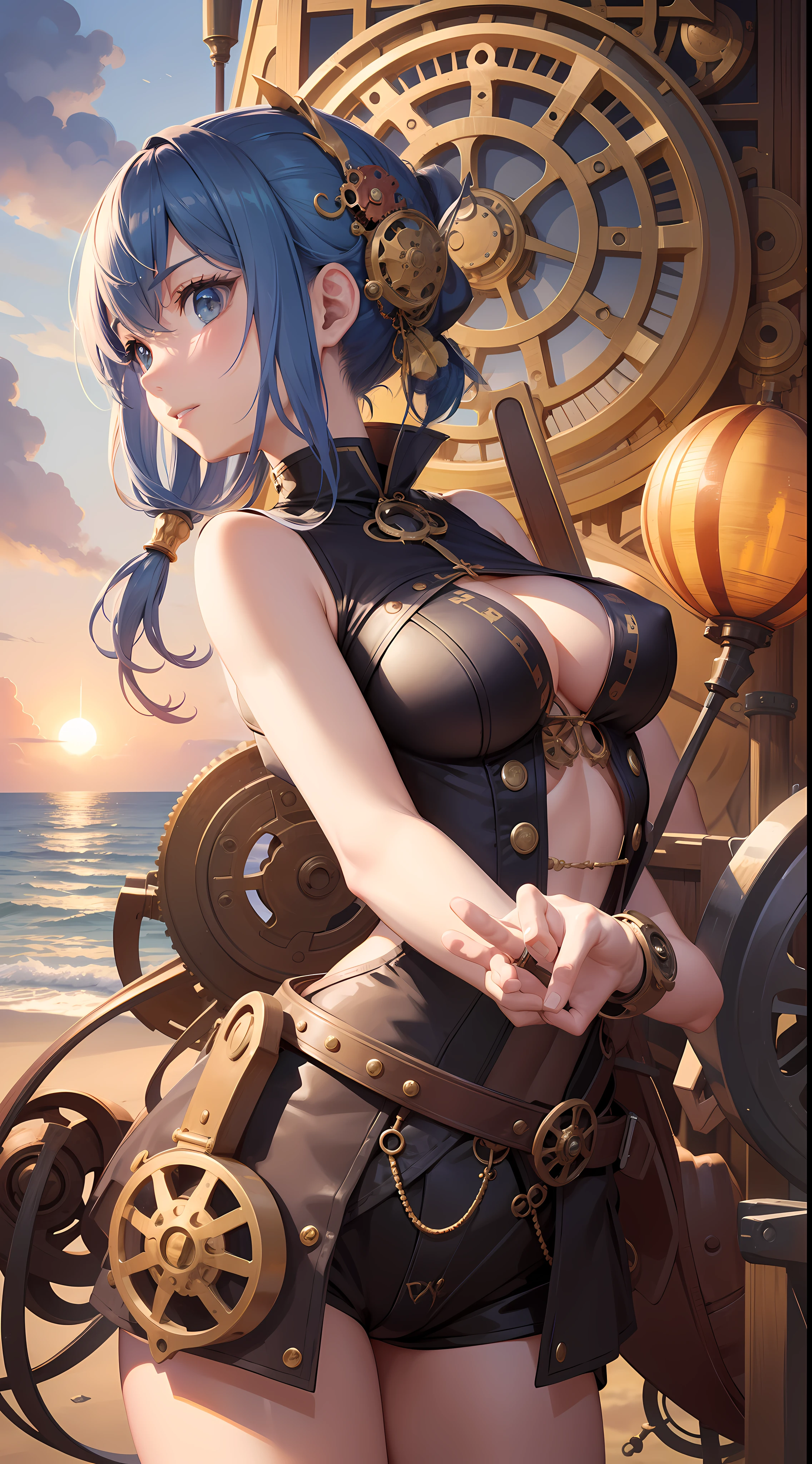 Beach、steampunc、gear wheel, Clocks and plumbing、夏天、Beautiful woman、Steampunk style colorful swimsuit、suns、steams、Large space、high sky、clouds、intricate line art、Overwhelming drawing、Smooth depiction、Countless gear and watch decorations、Sheer sunlight、Beautiful eyes、perfectly proportions、Balance of the whole body、Cheerful and fun looks、