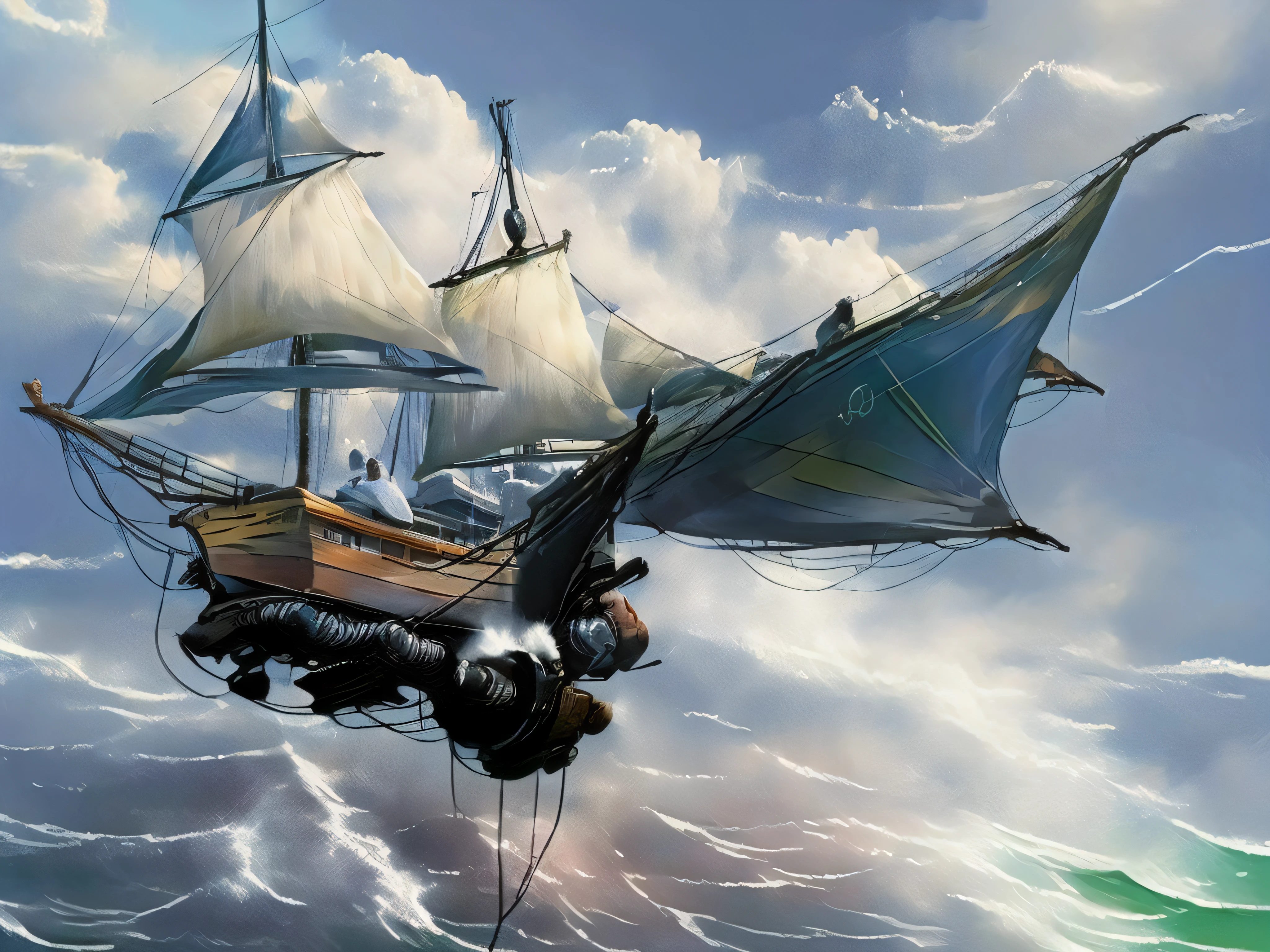 Hermoso barco de vela volando entre nubes multicolores y abajo el mar esmeralda embravecido con enormes olas amenazantes