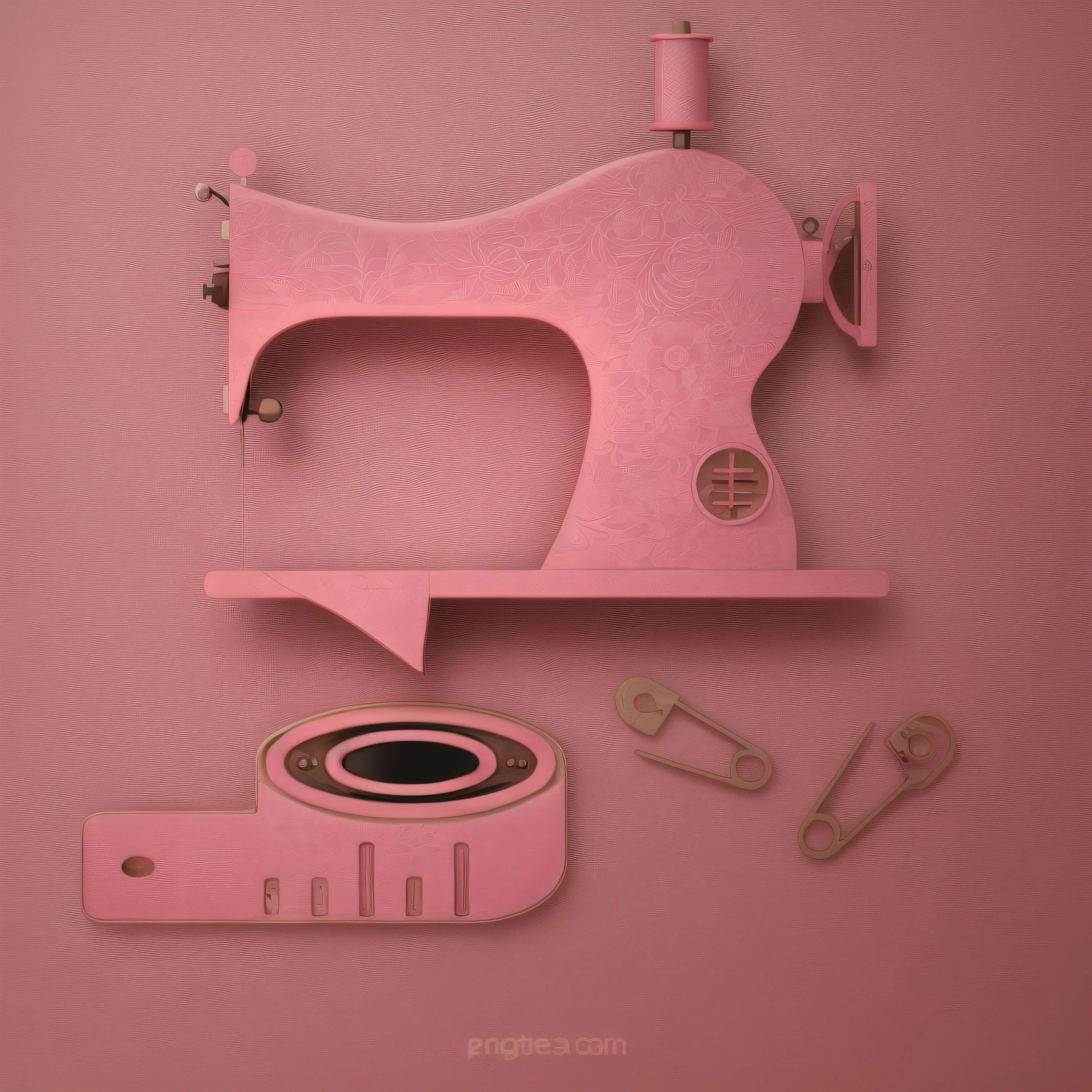 a closeup of an antique pink sewing machine, flat vector graphic, designer de moda, flat graphic style, vetor plano, svg illustration, instrumento, arte vetorial plana, arte vetorial svg, professional vector graphic, Clipart, estilo vetorial cartunesco, Costura, estilo de cor rosa e vermelho, illustration", cantor, HD illustration on pink sewing machine, sem plano de fundo, com plano de fundo transparente.