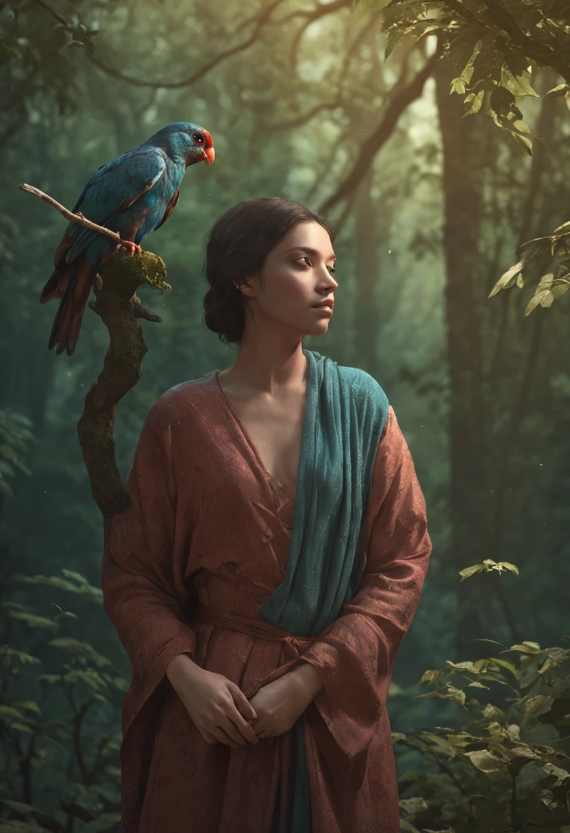 There is a painting of a man and a bird in the forest, arte de fantasia peluda, fantasia raposa amor, Beeple e Jeremias Ketner, arte peluda muito bonita, Cyril Rolando e Goro Fujita, Directed by: Ryan Yee, Artgerm e Atey Ghailan, anime exuberante john 8k madeiras, anthropomorphic furry art