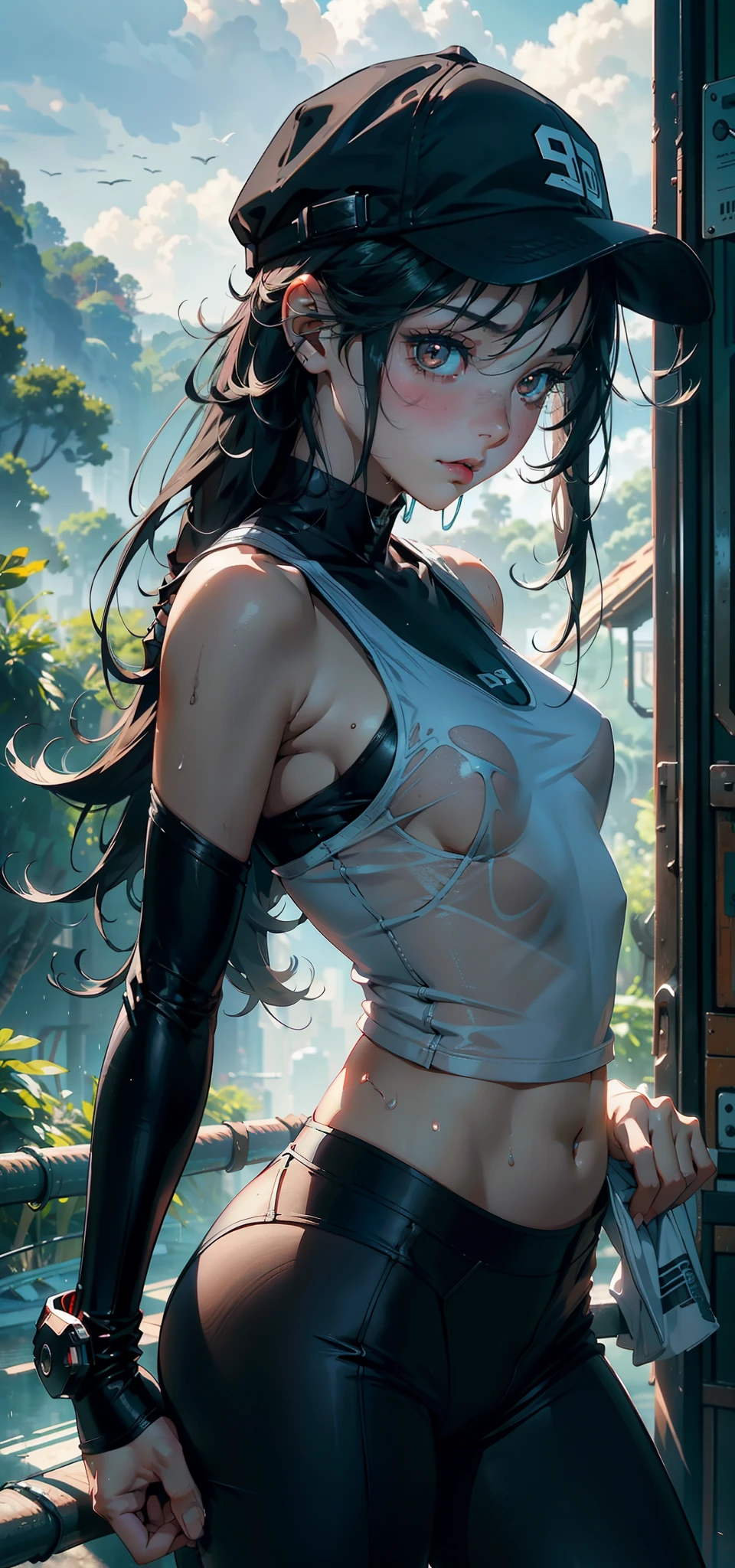 1female,9 years old,bit girl,super adorable,smallunderboob ,Pornographic exposure, 独奏,(Background with:hilltop,the rainforest,in summer,Standing water on the ground,exteriors) Feel free to hairstyle,Stride,Sweat profusely,drenched all over the body,seen from the front,Long black hair , mostly cloudy sky,(((tmasterpiece),(Very detailed CG unity 8K wallpaper),best qualtiy,cinmatic lighting,detailed back ground,beatiful detailed eyes,Bright pupils,(Very fine and beautiful),(Beautiful and detailed eye description),ultra - detailed,tmasterpiece,)),facing at camera,A high resolution,ultra - detailed)There is a robotic arm,cyber punk style,nakeness,with no underpants,revealing breasts,Bare genitalia, Bulge,Camel toes,Raised sexy,Lewd expression,Flushed complexion,Open-mouthed,frontage,elementary student(Wearing:Red baseball uniform,Pantyhose,baseball cap)