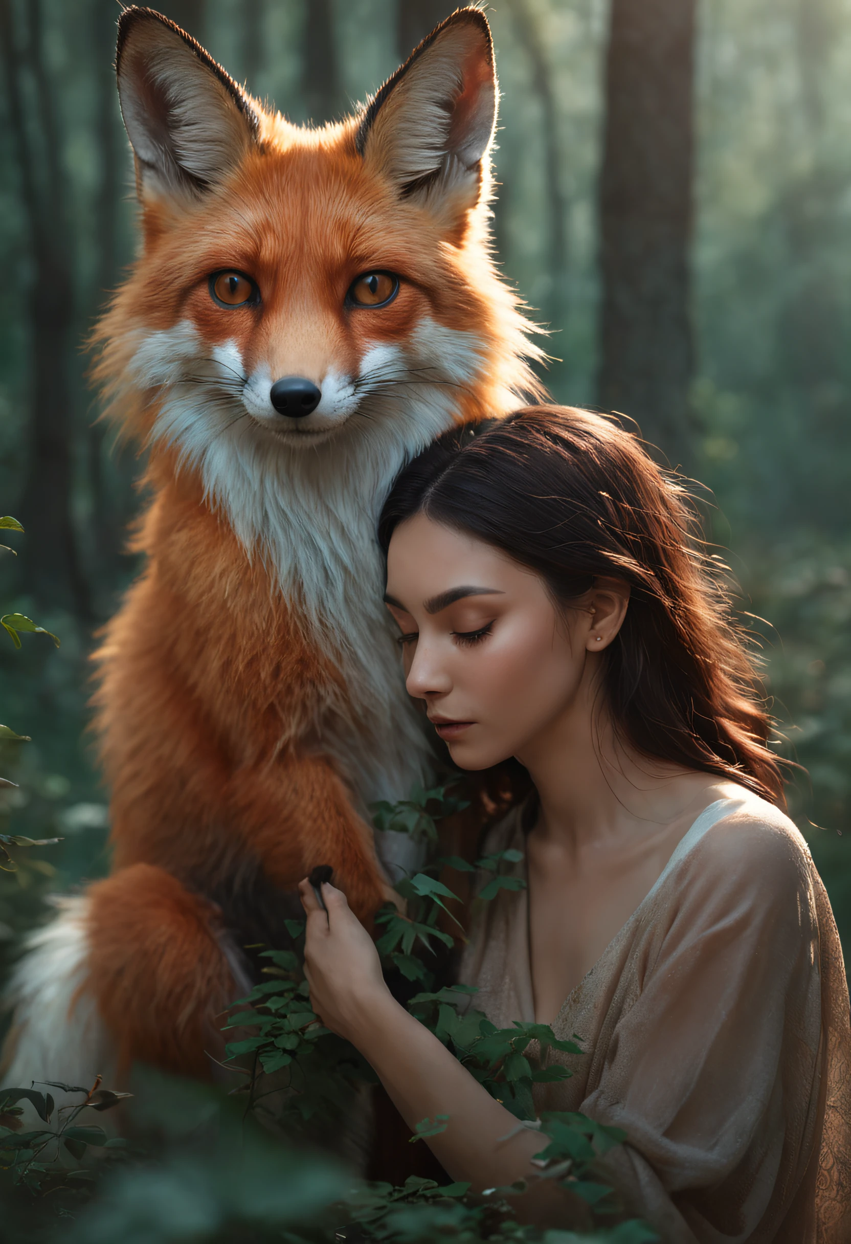 There is a painting of a man and a fox in the forest, arte de fantasia peluda, fantasia raposa amor, Beeple e Jeremias Ketner, arte peluda muito bonita, Cyril Rolando e Goro Fujita, Directed by: Ryan Yee, Artgerm e Atey Ghailan, anime exuberante john 8k madeiras, anthropomorphic furry art