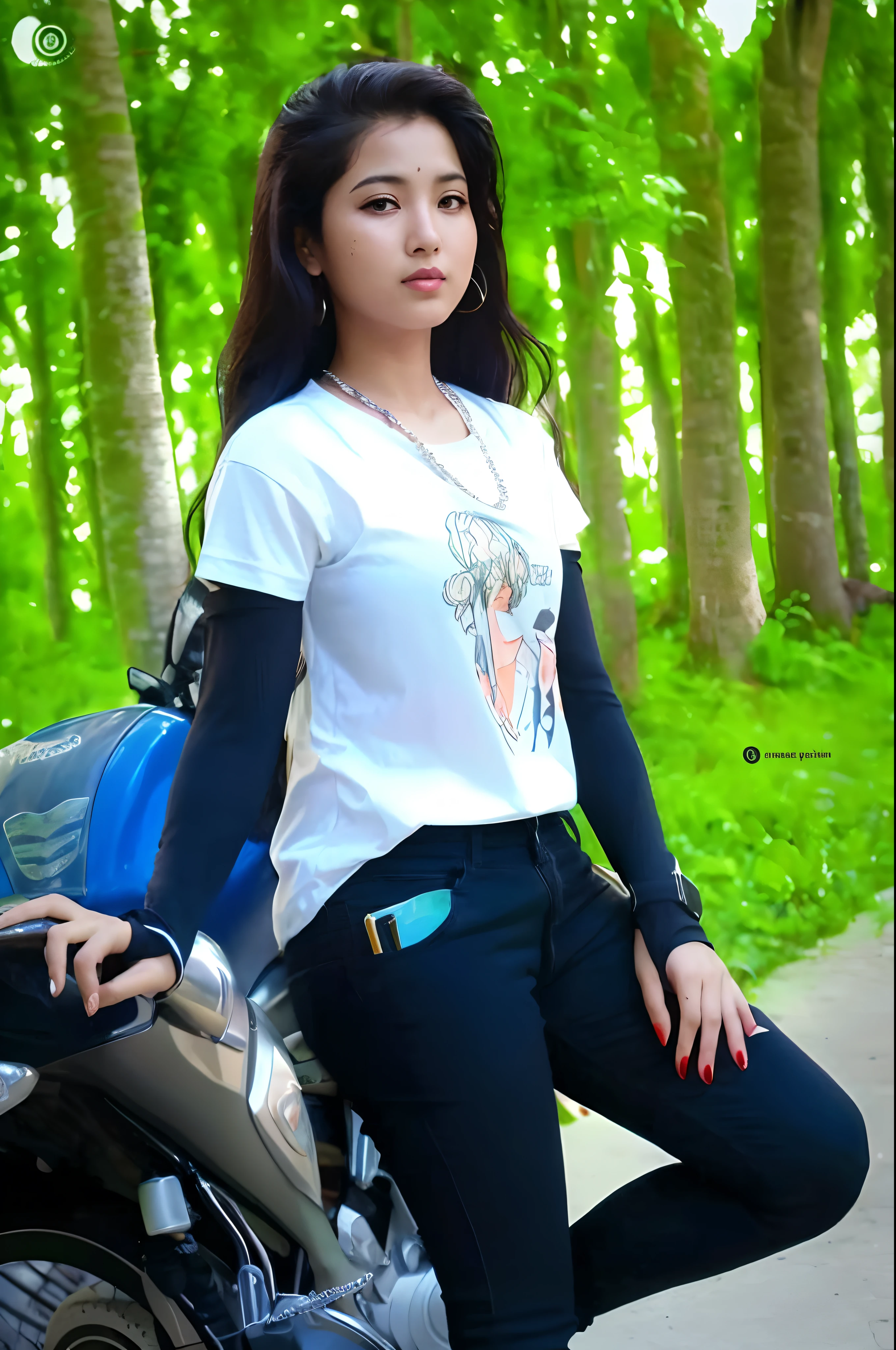 araffe woman sitting on a motorcycle in a park with trees, assamese aesthetic, with lovely look, attractive girl, very beautiful girl, nivanh chanthara, dressed in a white t shirt, student, asian girl, dang my linh, woman model, anime thai girl, south east asian with long, young and cute girl