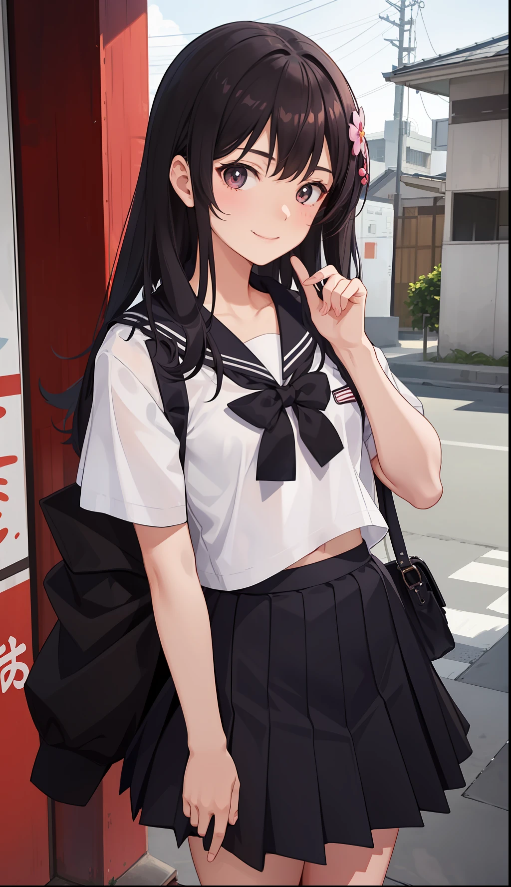 1girl in、A smile、The shirt、skirt by the、(small tits)Chilarism、Japan High School Student Uniform、serafuku、summer clothing、(Sheer Bra)、Upper body portrait、Dynamism!!Running with the wind、