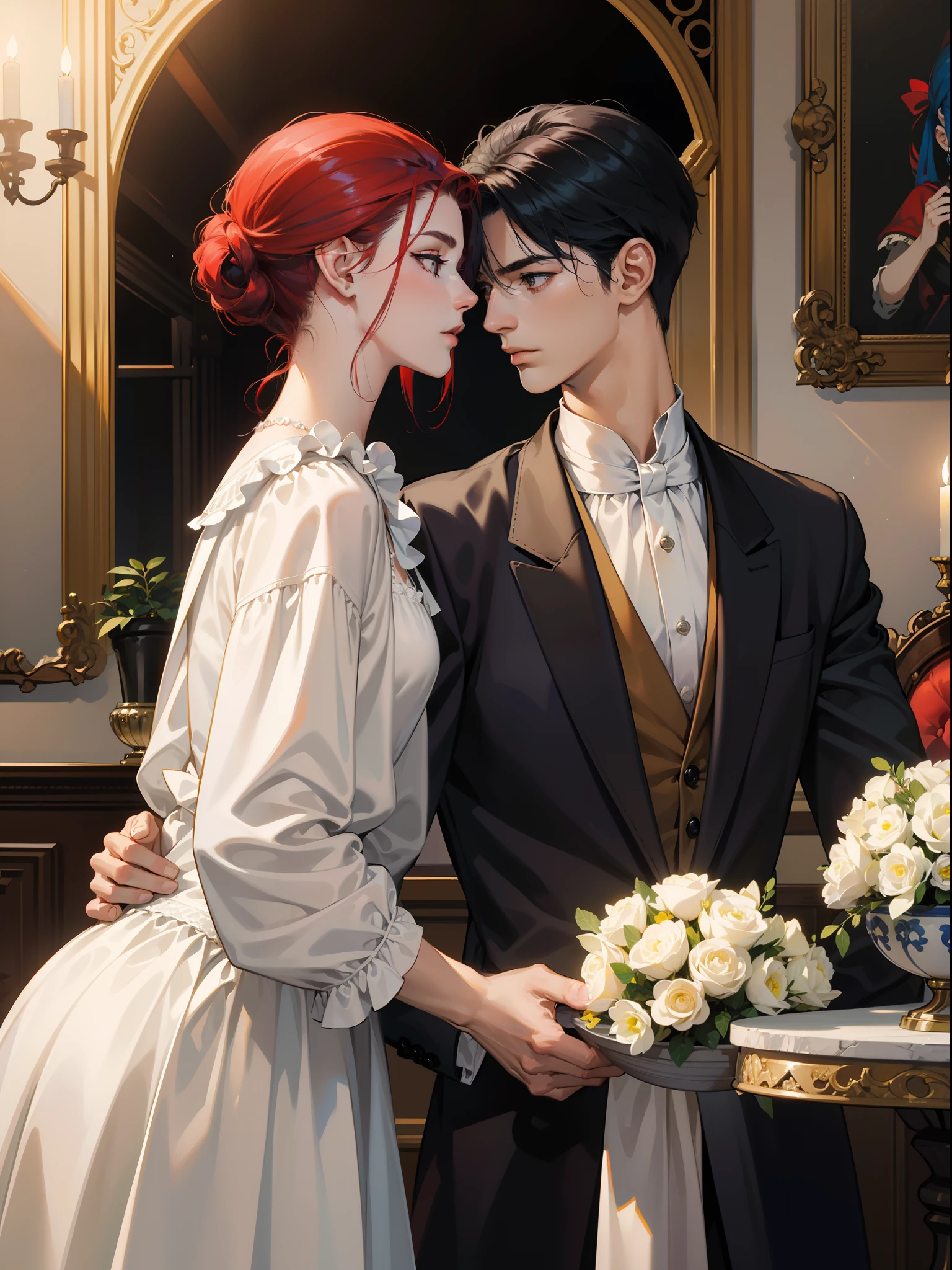 ((obras maestras)), mejor calidad, outstanding illustration, (((A couple seeing each other))), enfoque suave, (((1 chico de cabello negro corto))) (((ojos azules))) (((ropa de mago oscuro))), (((1 chica de (((Pelo rojo))) largo rizado))) (((ojos dorados))) (((vestido de novia BLANCO elaborado y hermoso))), Ropa victoriana, Victorian and magical romanticism, ambiente opulento y exquisito, Soft light and warm lighting.